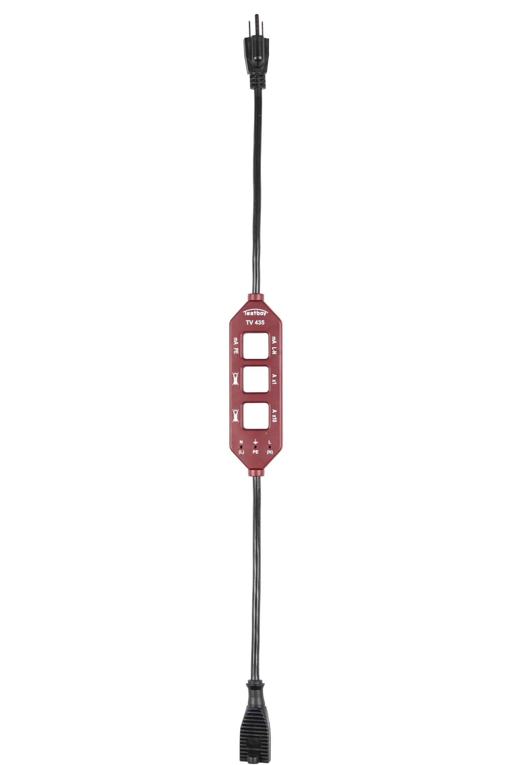 Testboy TV 435 Strom-Messadapter (Line-Splitter, Adapter mit Schuko-Anschlüssen, einfache & 10-fache Laststrommessung, Schutzleiterstrommessung, integrierte Messbuchsen), Rot/Schwarz