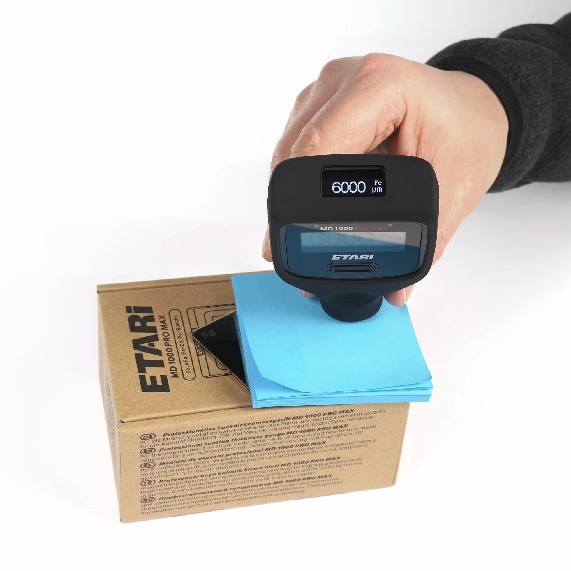 ETARI® MD 1000 Pro Max (Ferr & Non-Ferr), Profi Lack Schichtdickenmessgerät zur Lackdickenmessung am Auto bis zu 6000 μm, +3-farbige Displaybeleuchtung,+2 Displays (LCD und OLED) + kostenfreie App