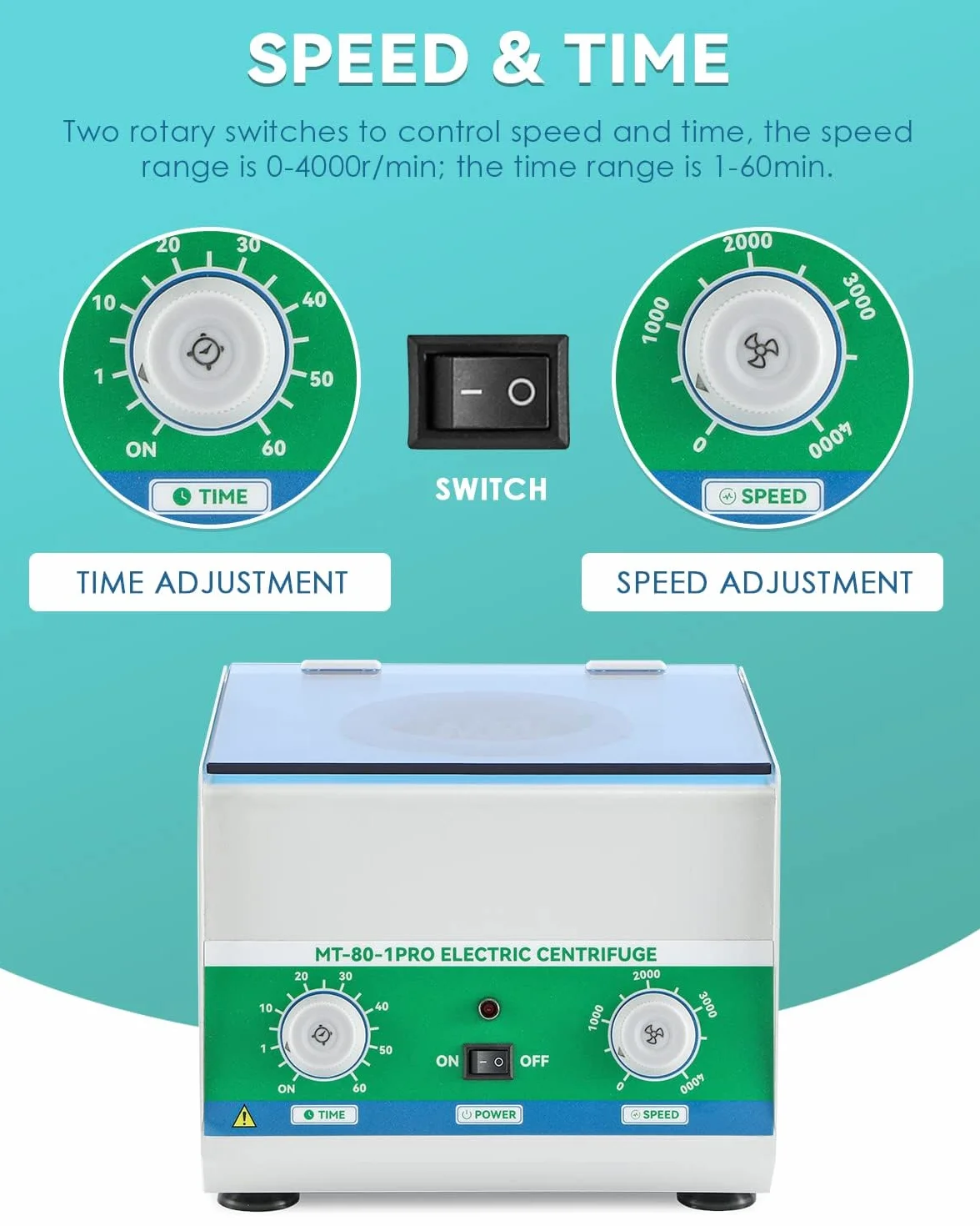 Mxmoonant Zentrifugalmaschine, 4000rpm, 6x15ml, 1865xg, 60min Timer, 4.6kg, 280 * 260 * 190mm, geeignet für 15ml/10ml/5ml Teströhrchen, für Probentrennung, Qualitative Analyse in Labor (EU Stecker)