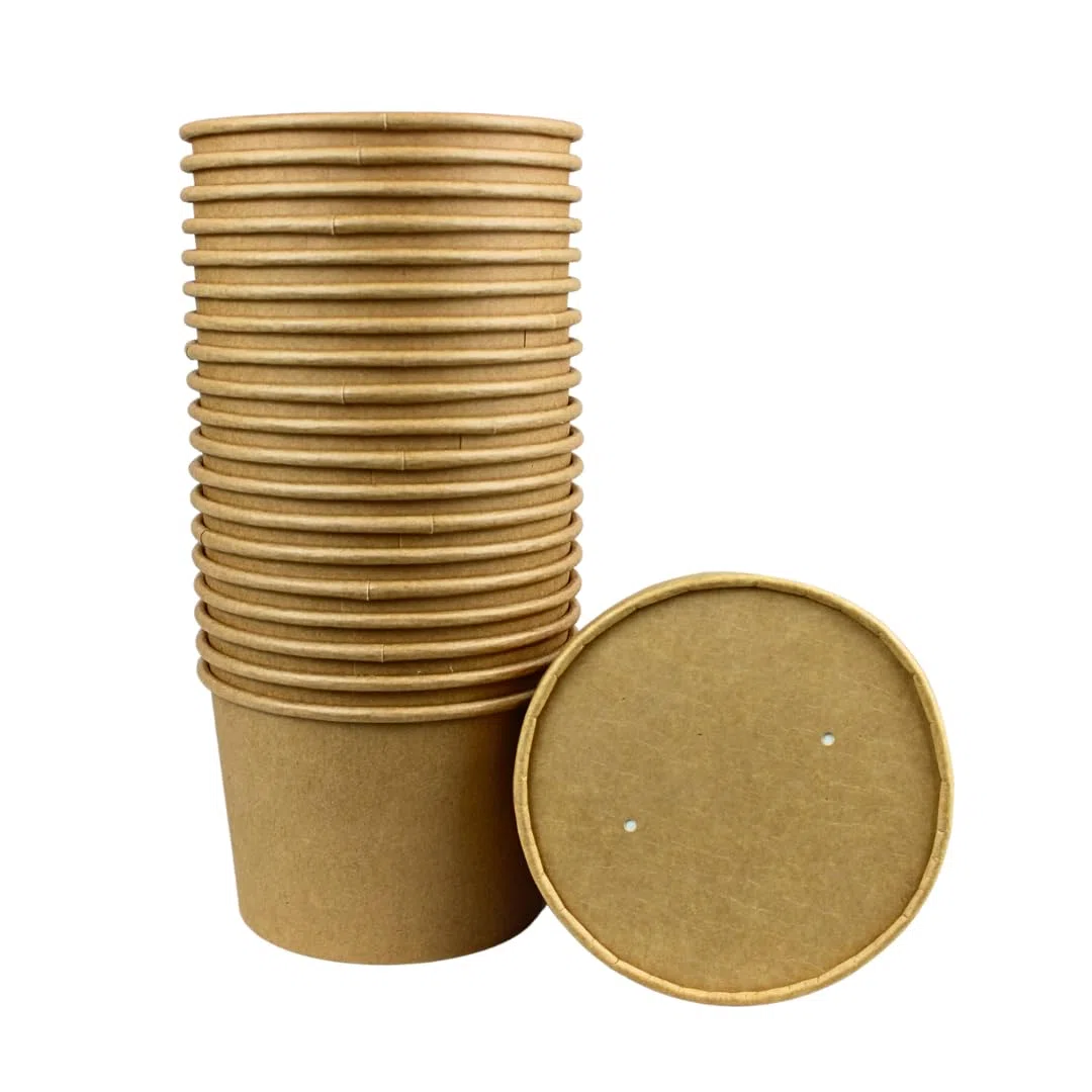 Enpack Suppenbecher Braun 12oz/350ml - Auslaufsichere Schüssel mit Deckel für den Gastronomie & Privat Bereich, Einweg Suppenschalen aus Kraftpapier, Formaler Stil, Nachhaltige Pappschale (300)
