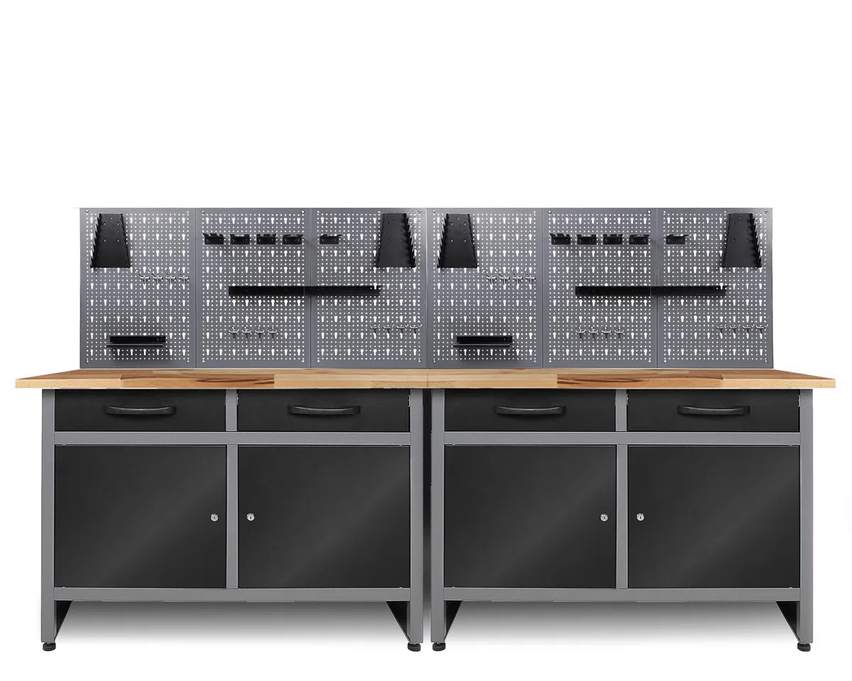 Ondis24 Werkstatt Set Werner 240 cm mit 2 Werkbänken, 6 Lochwänden & 22-teiligem Haken-Set – Massive Werkbank aus Stahl mit Buchenholzplatte, Schubladen & Schrankfächern – Werkstatteinrichtung
