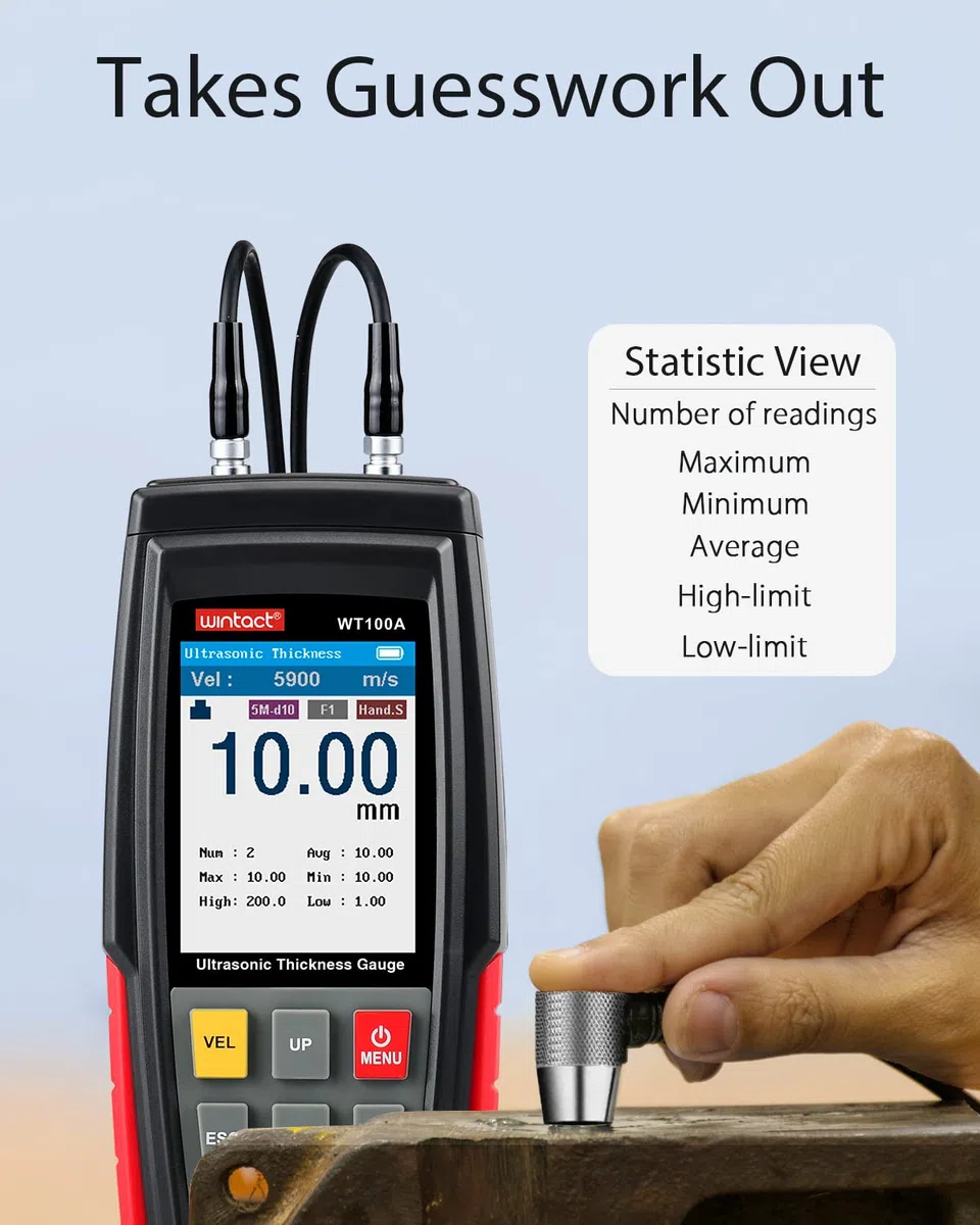 Wintact Digitales Ultraschall-Dickenmessgerät, Messbereich 1,00 bis 300 mm mit Sonde zur Messung von metallischen und nichtmetallischen Werkstoffen, Zylinderwänden, Kunststoff, Glas, PVC