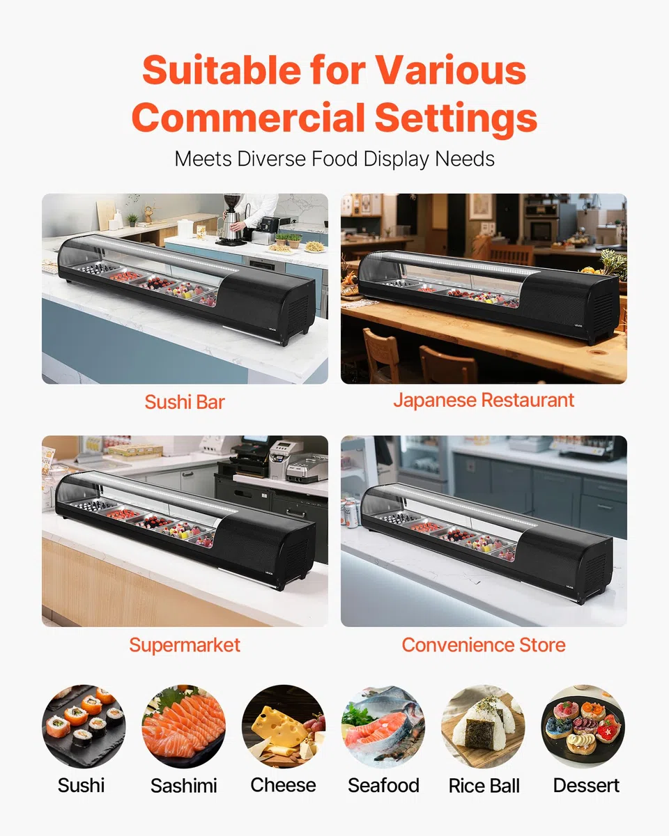 VEVOR Sushi Kühlvitrine 82 L kommerzielle Vitrine Kühlaufsatzvitrine (5 Pfannen) mit gebogenem Glas & LED-Beleuchtung & digitaler Temperaturregelung, Kühlschrank für Theke Restaurant Geschäft