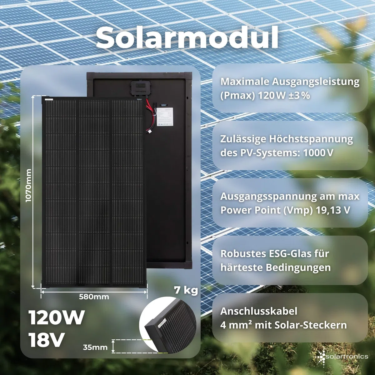 SOLARTRONICS Komplettset 2x120 Watt Solarmodul 1070x580x35, TS 1000W Spannungswandler + 20A Laderegler + Solarkabel + Solarstecker Photovoltaikanlagen Wohnmobil Inselanlage