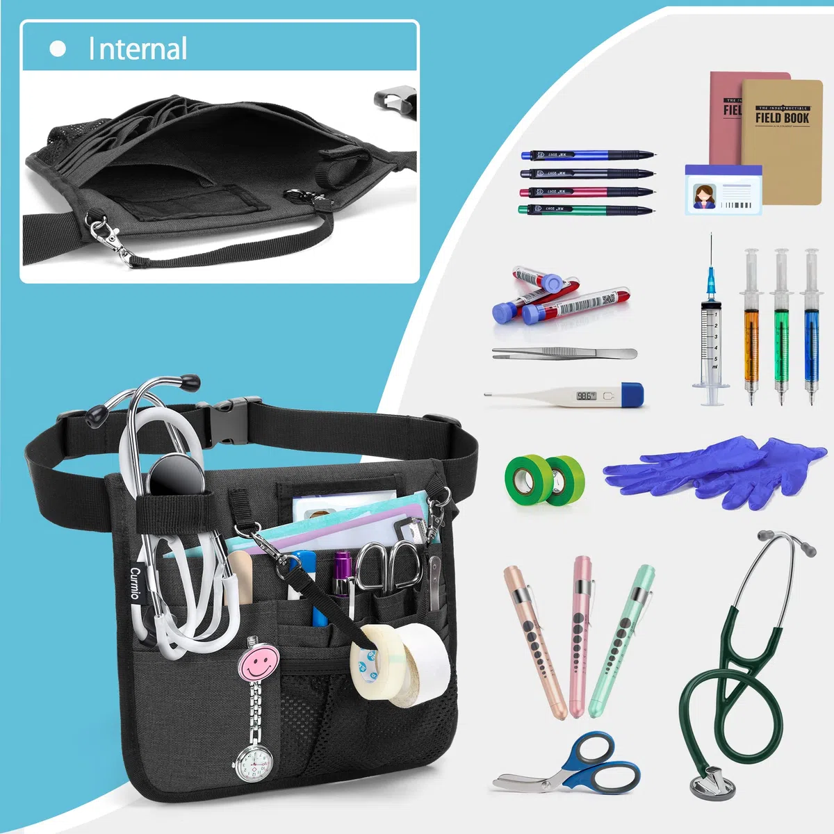 CURMIO Krankenschwestertasche, Gürteltasche für Krankenschwester, Medizinische Bauchtasche, Taillentasche mit verstellbarem Gürtel für Krankenpflege Zubehör, LEERE TASCHE, Schwarz