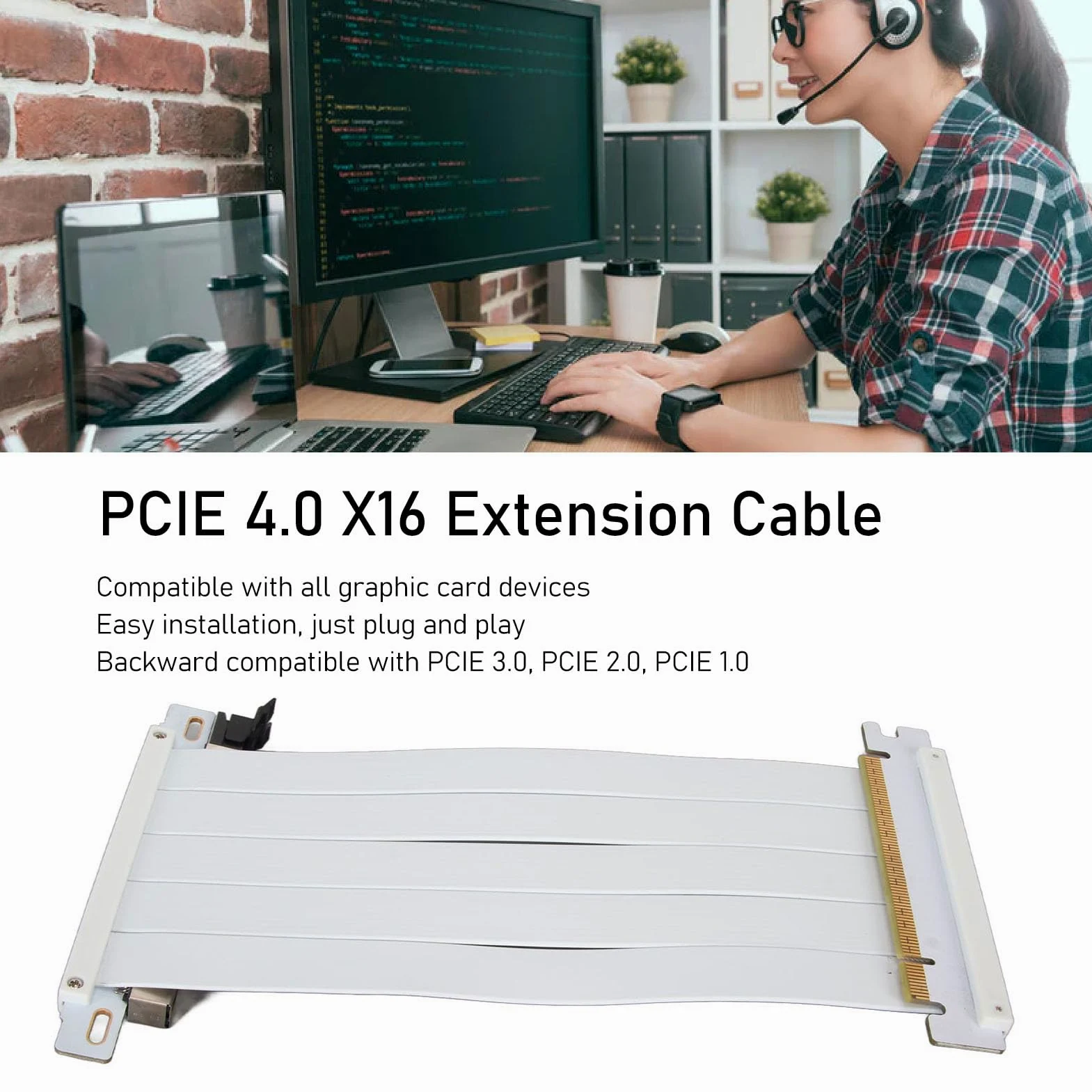 PCIe 4.0 Riser-Kabel, X16 GPU-Verlängerung, 180 Grad Weiß | Hochgeschwindigkeits flexibles doppelseitiges Riser-Kabel mit Schutzschild für vertikale GPU-Montage