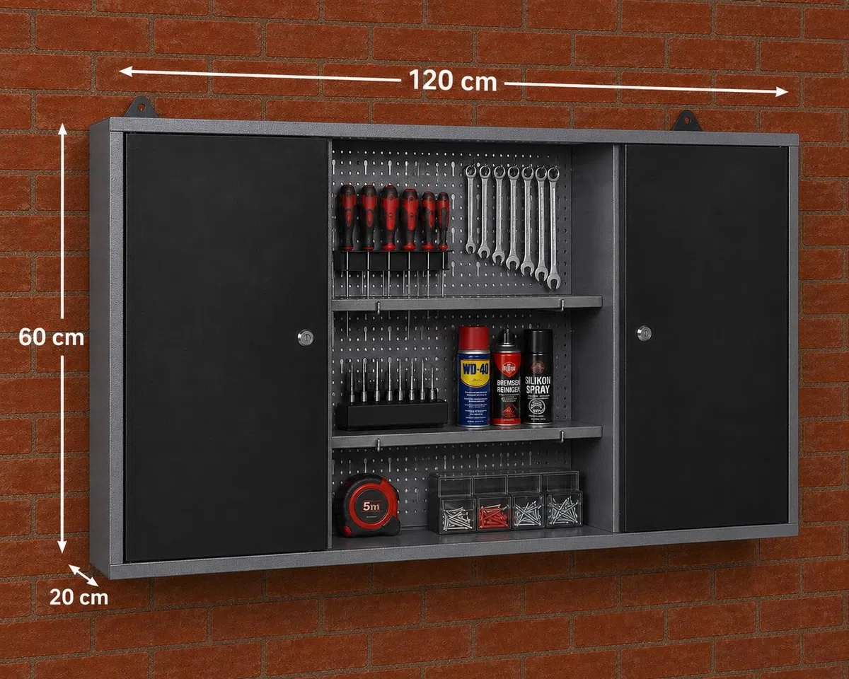 Ondis24 Werkstatteinrichtung Werkstatt Set Werkbank Fritz Hängeschrank Werkzeugwand Metall Schwarz Grau (Hängeschrank Kurt, 240 cm) Buchenholzarbeitsplatte
