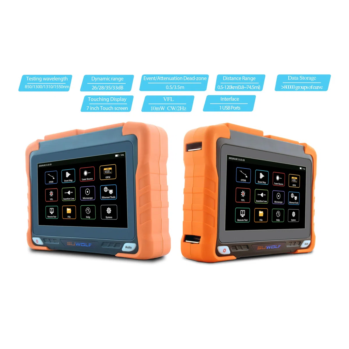 850/1300/1310/1550nm 26/28/35/33dB 4in1 OTDR +VFL+OPM+OLS SM&MM 7” Touchscreen 120Km Glasfaser Tester/LWL Tester/Optische Zeitbereichs-Reflektometer mit SC/FC/ST/LC UPC&APC (OTDR62F-SM1A)