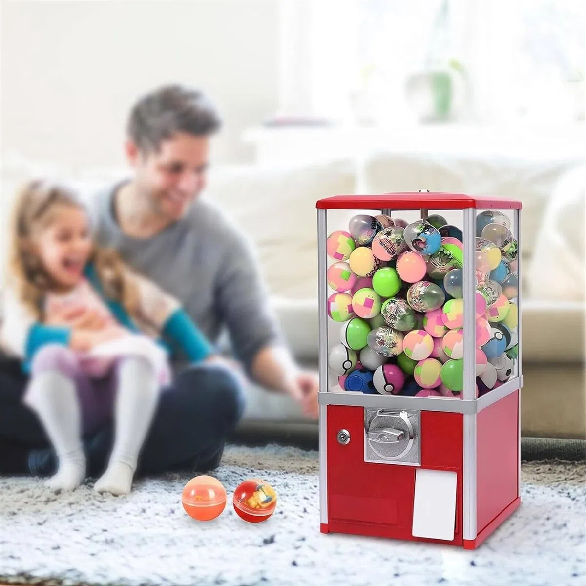 Verkaufsautomaten für Unternehmen, kommerzieller Kaugummiautomat für Süßigkeiten, Kapselautomat mit Schlössern für Kapselspielzeug mit 4,5–5,5 cm Durchmesser für Zuhause, Spieleläden,Red