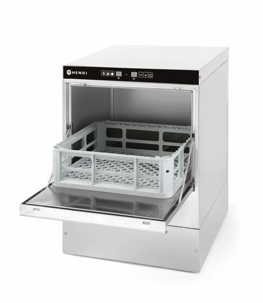 HENDI Geschirrspüler, elektromechanische Steuerung, für Gläser, inklusive 2 Spülkörben von 400x400mm, Besteckkorb, mit Ablauf- und Reinigungs pumpe, 230V/2800W, 472x566x(H)705mm, Edelstahl