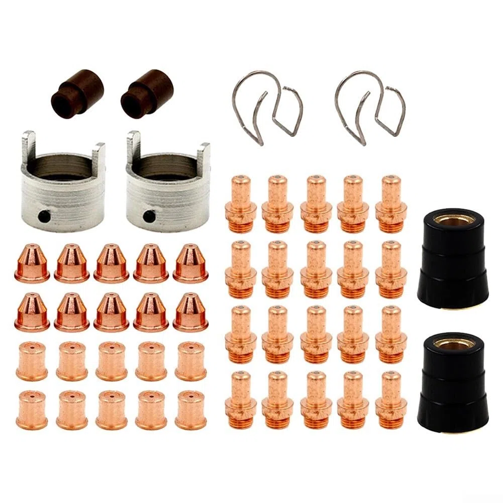 48-teiliges Plasmabrenner Verbrauchsmaterial-Set mit kurzen Elektrodenspitzen, Düsen, Wirbelringen, Taschenlampenabdeckungen und Federführungen, kompatibel mit Eastwood für Versa 60A CB70 Schweißen