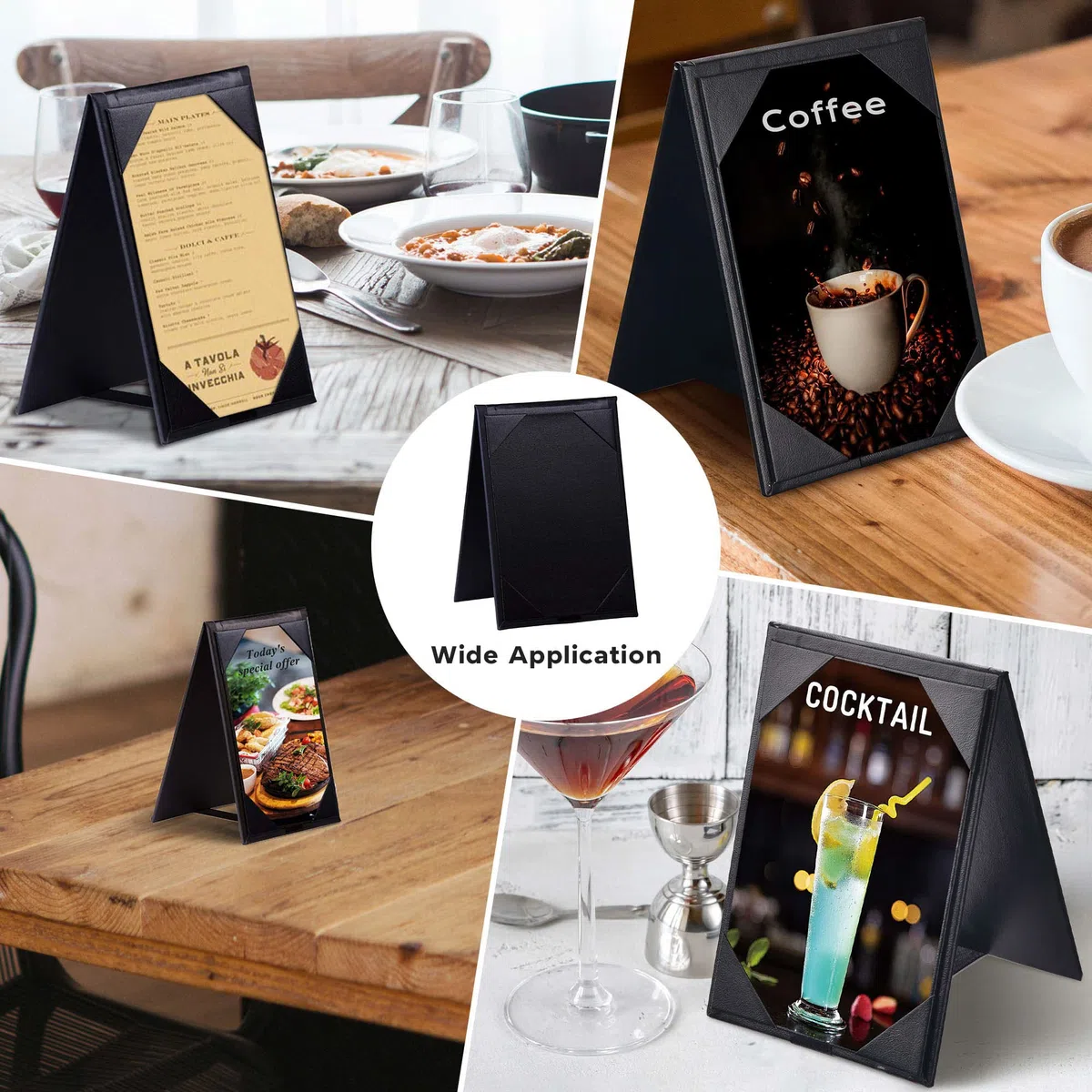 WeChef Tischzelte, 10,2 x 15,2 cm, Kunstleder, PU-Leder, Menühüllen, doppelseitiger Rahmen, Menü-Halter, Menüordner für Restaurant, Kaffee, Café, Bar, Getränke, Dessert, 10 Stück, schwarz
