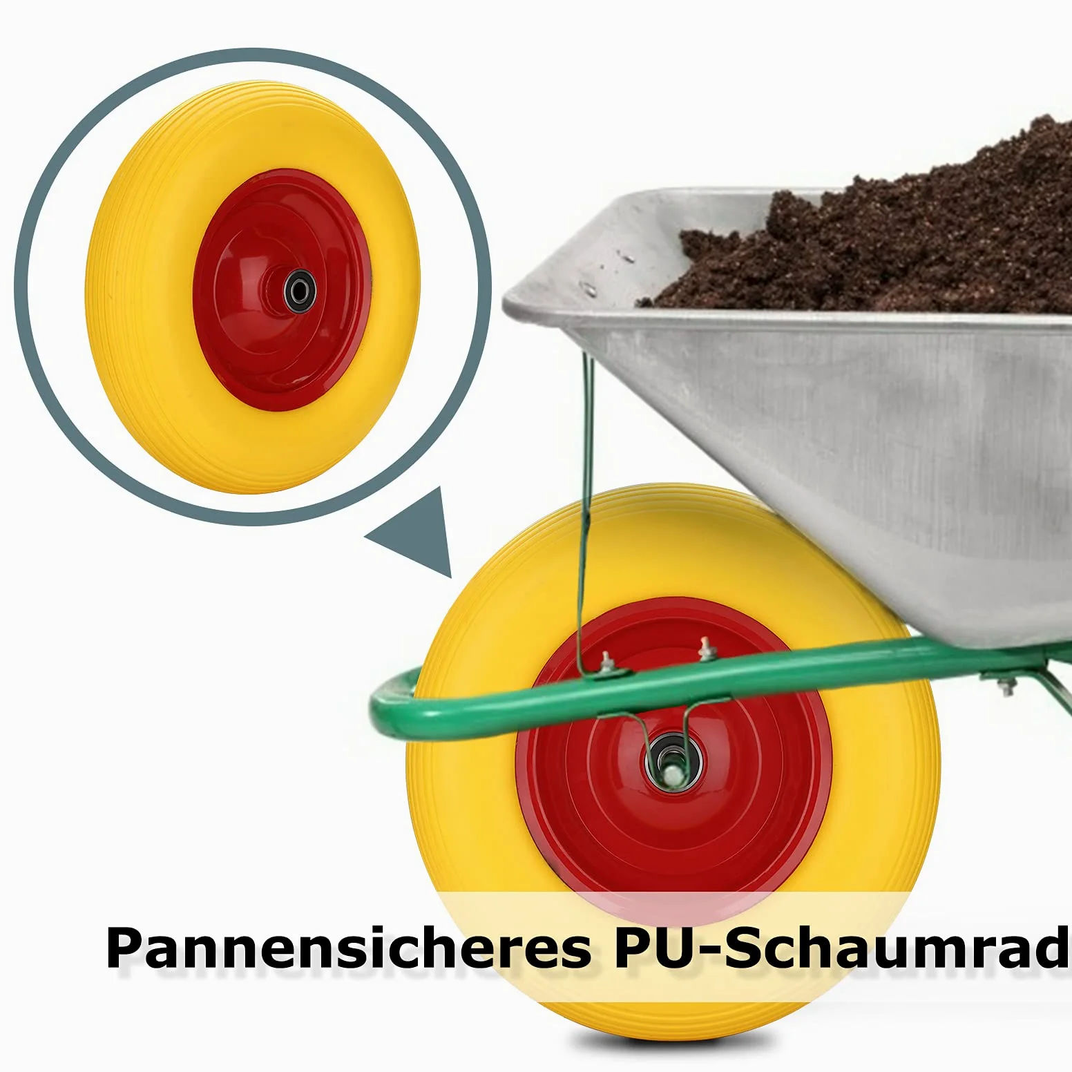 2x Sackkarrenrad PU Schubkarrenrad Vollgummi 4.80/4.00-8 Ø 390mm 200 kg inkl.Pannensichere Vollgummireifen mit Achse, Gelb-Rot