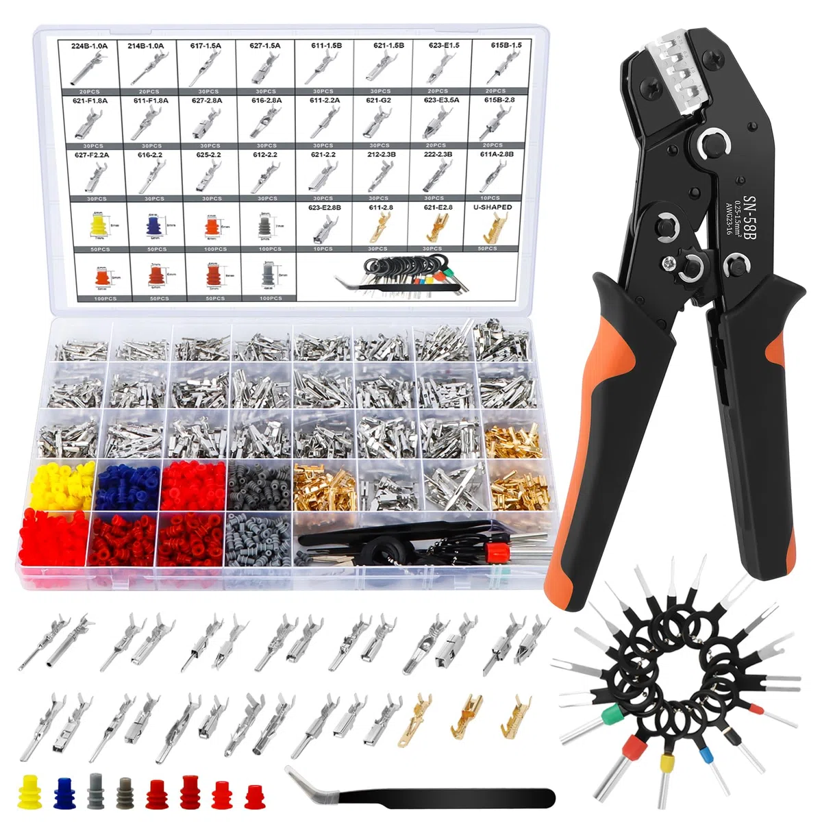 1379-teiliges Kfz Stecker Pins Kit mit SN-58B Crimpzange, Stecker Pins Kfz 1,0–3,5 mm, Crimpzangen 0,25–1,5 mm² AWG 23–16, Dichtstopfen und 18 Auspinwerkzeug für Auto, Motorrad und Boot