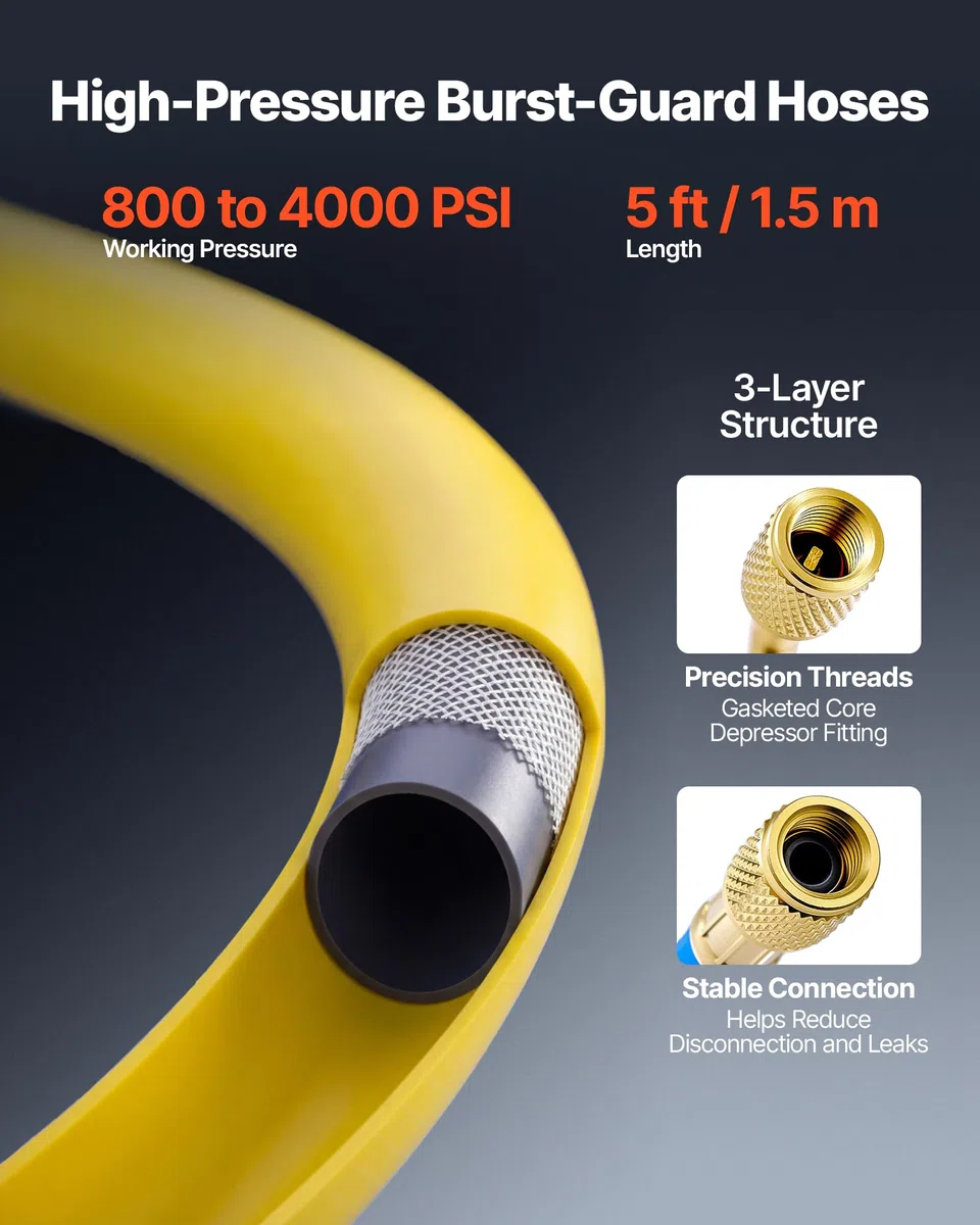 VEVOR Klimaanlagen-Manometer-Set für R22 R404A R410A R12 Kältemittel,4-Wege-Manometer mit 1,5-m-Schläuchen, für Wartung Evakuierung Befüllung Rückgewinnung von Klimaanlagen in Fahrzeugen Haushalten