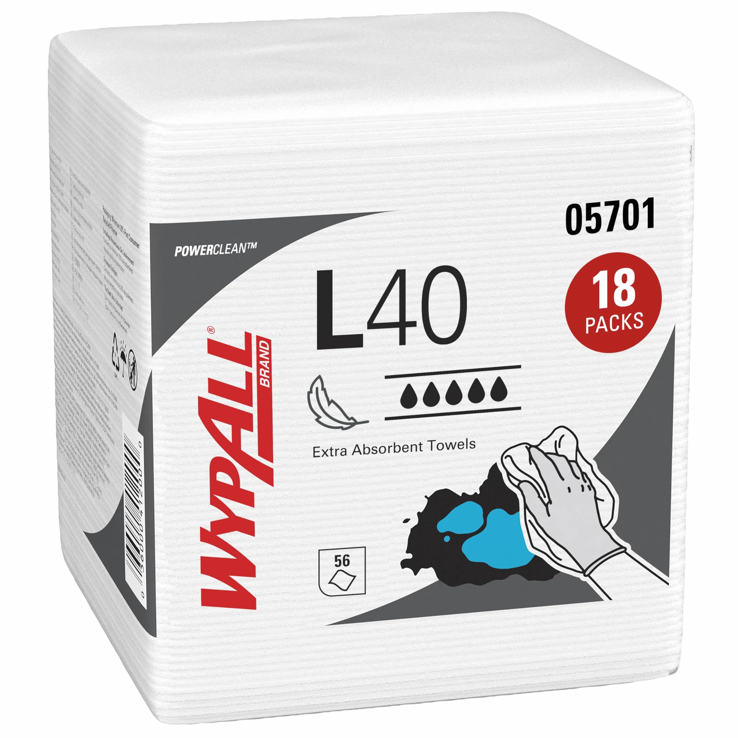 WypAll® L40 Extrasaugfähige Tücher 7471, besonders weiche, schnell absorbierende Einmaltücher, 18 Packungen x 56 viertelgefaltete Tücher (insges. 1.008)