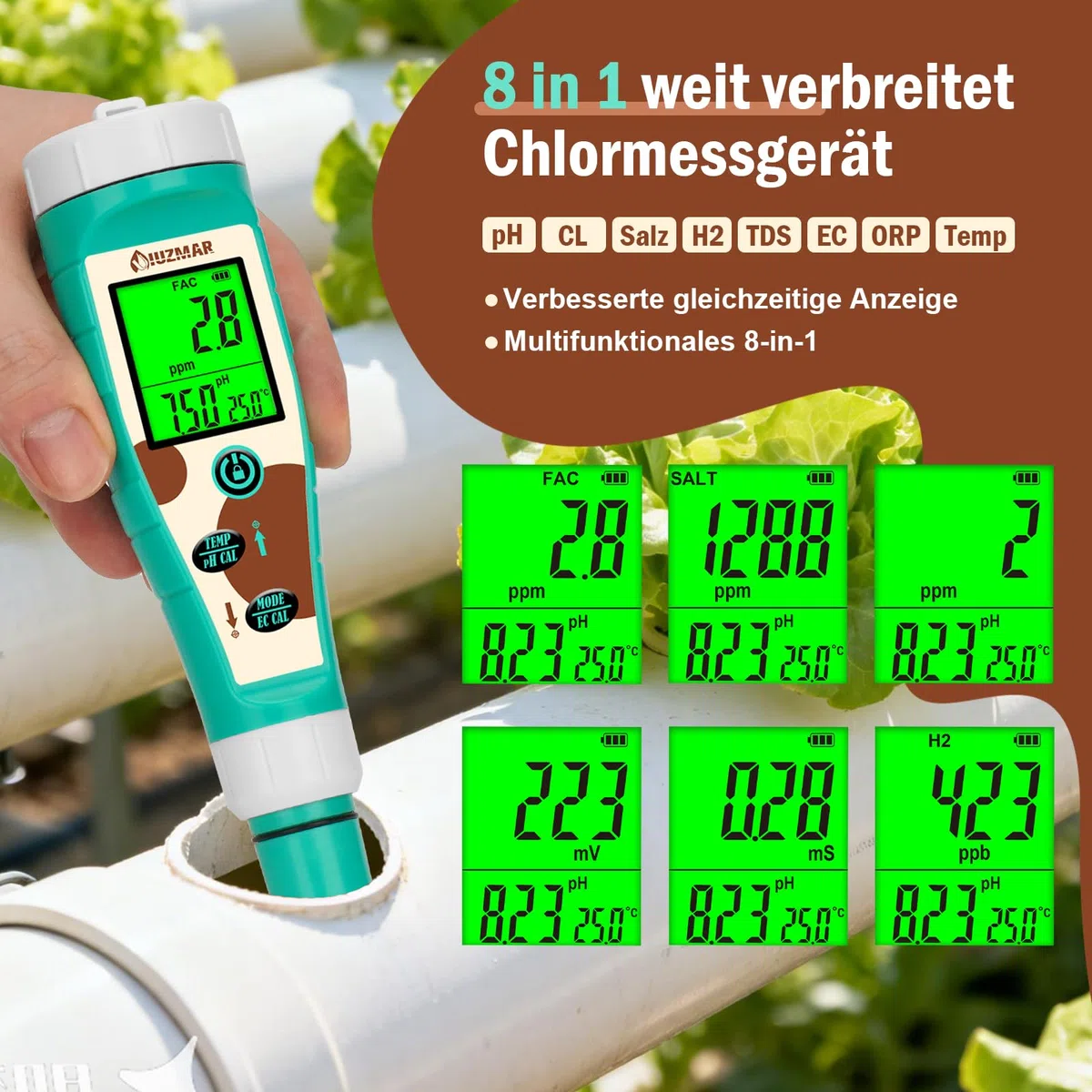 UIUZMAR Pool pH Chlor Salzgehalt Messgerät, Wasserstoff PPM ORP Messgerät | 8-in-1 Trinkwasser Wassertester mit gleichzeitiger Anzeige von pH Salz Chlor H2 ORP EC TDS Temp für Hydrokultur, Spas