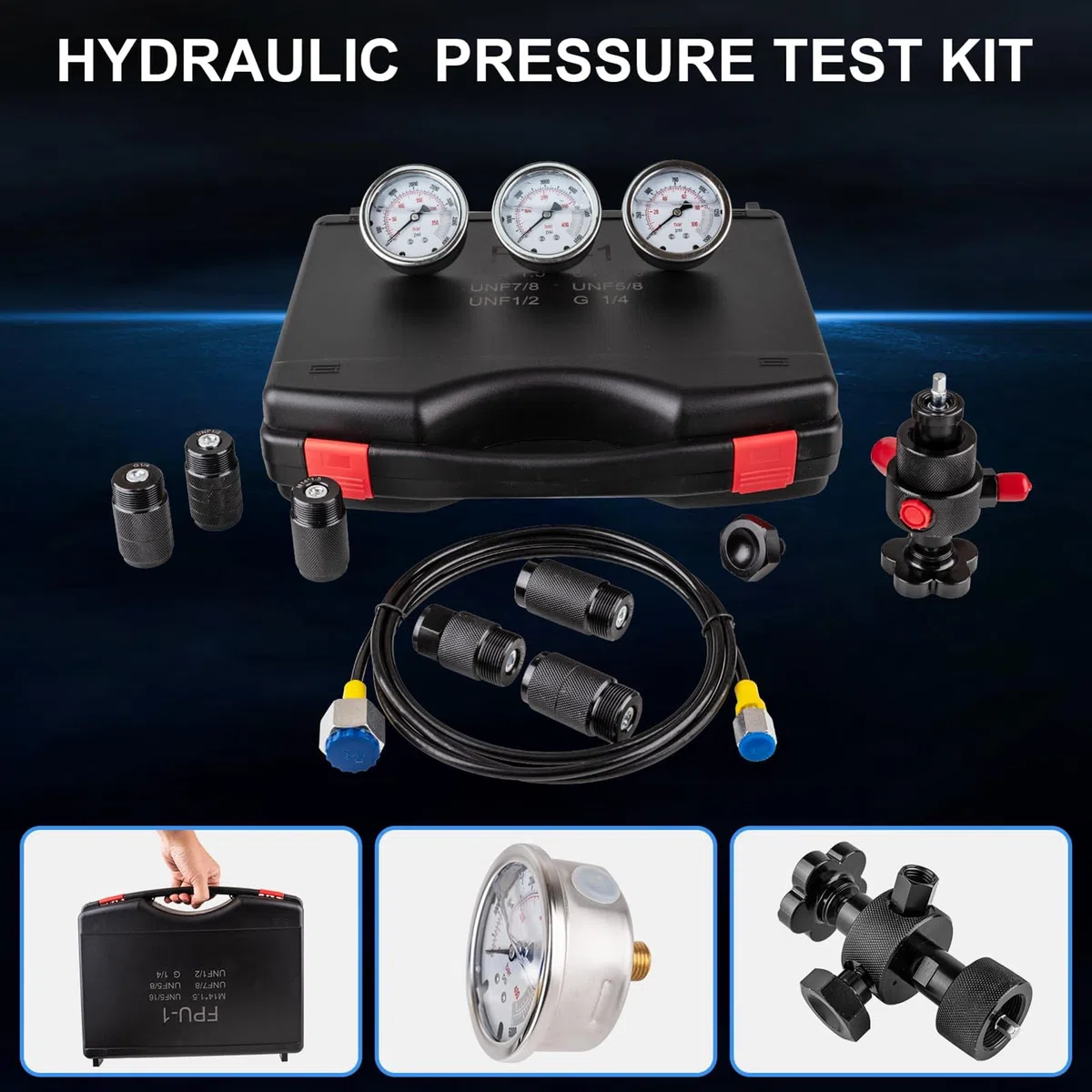 Komplettes Stickstoff-Füllset für Hydraulikspeicher | Hydraulik-Stickstoffspeicher-Ladeset | 7-in-1 Profi-Druckprüfset | Mit 3 Manometern, 7 Adaptern, Sicherheitsventil & Schlauch, Transportkoffer