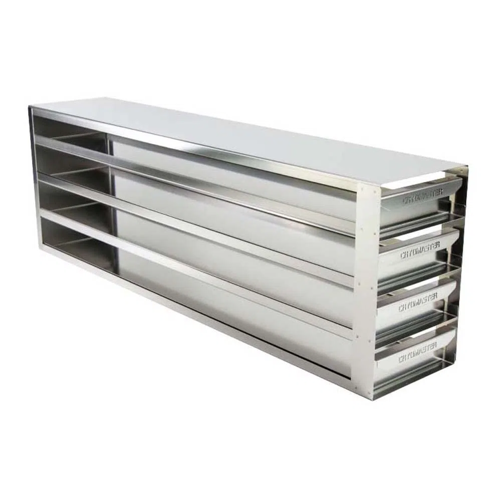 4-6202 Edelstahl Schrankeinschub für 20 Kryoboxen Kapazität, 710mm x 140mm x 231mm, Silber