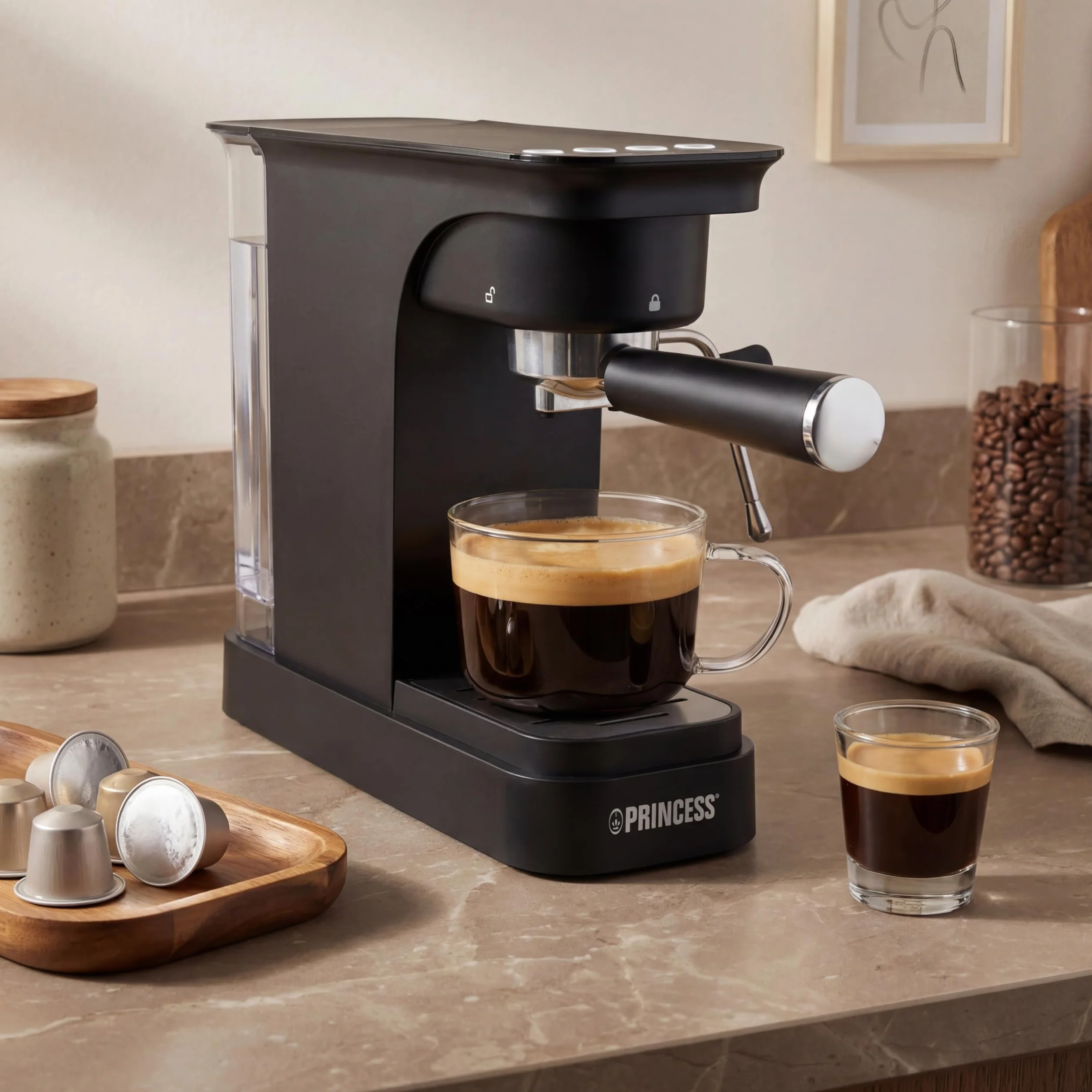 Princess Espressomaschine, 20 Bar Pumpdruck, 0,8 l Wassertank, Für Gemahlenen Kaffee und ESE Pads, Kompaktes Design, Schwarzes Gehäuse, 01.249421.01.001