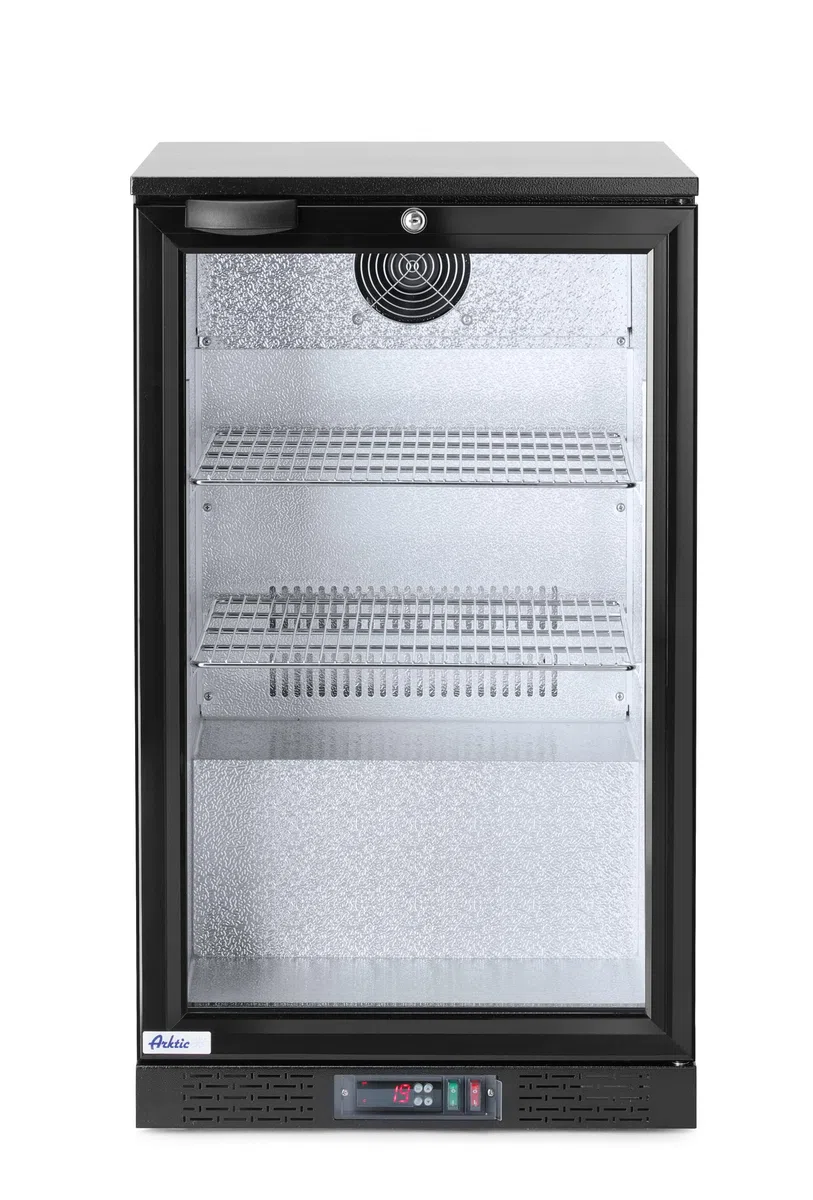 HENDI Getränkekühlschrank, Eintürig, mit 2 verstellbaren Regalböden, Temperaturbereich: 0° bis 10°C, automatische Abtauung, LED Innenbeleuchtung, 103L, 230V/120W, 500x530x(H) 865mm, Aluminium, Glas