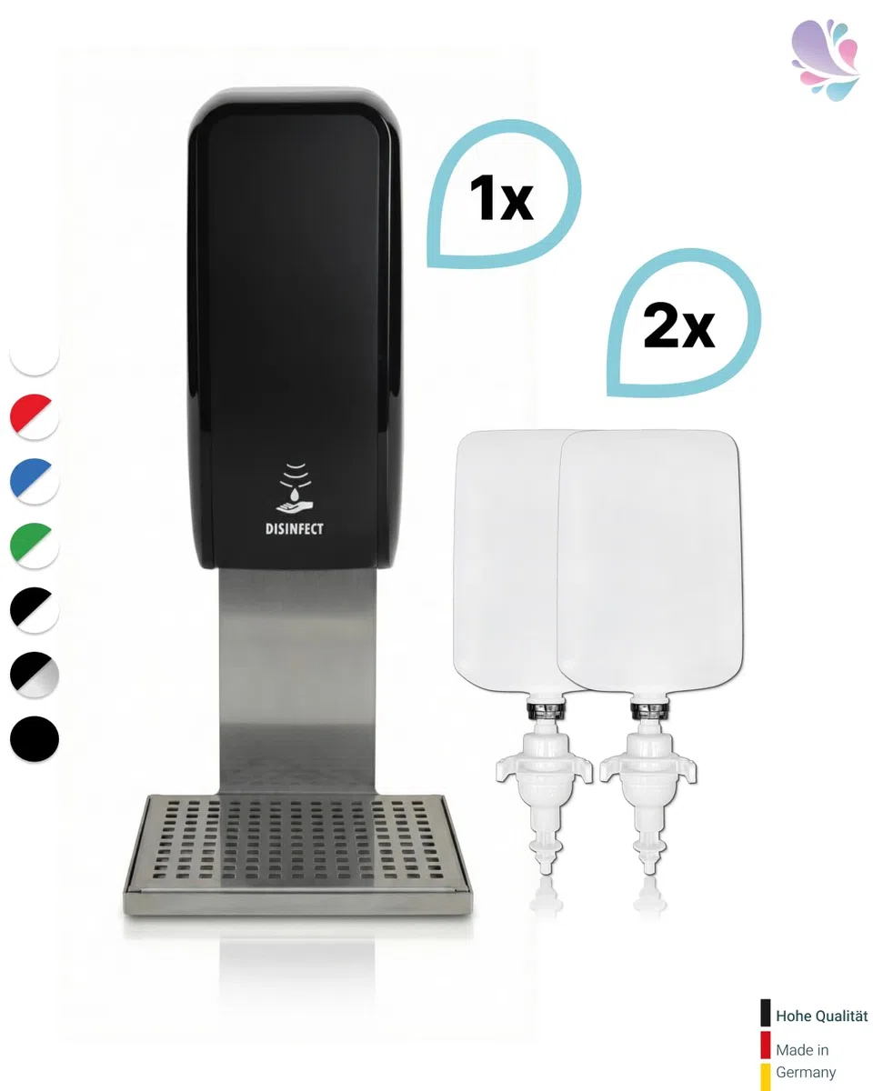 Set Cosmos Sensor Desinfektionsspender + Schale Schwarz | Berührungsloser Cosmos Desinfektionsspender mit Sensor, Auffangschale und 2x1 L Händedesinfektion für 2.000 Anwendungen