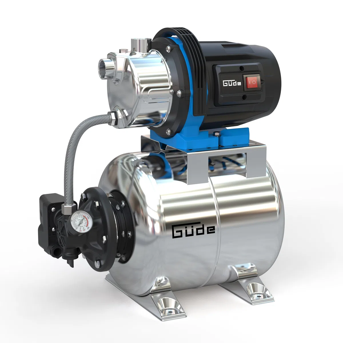 Güde Hauswasserwerk HWW 1000 ES (1000 W, 20 l Kesselinhalt, 3800 l/h Fördervolumen, 44 m max. Förderhöhe, 7 m max. Ansaughöhe, Noryllaufrad, Edelstahltank, Druckschalter, Thermoschutz, Druckmanometer)