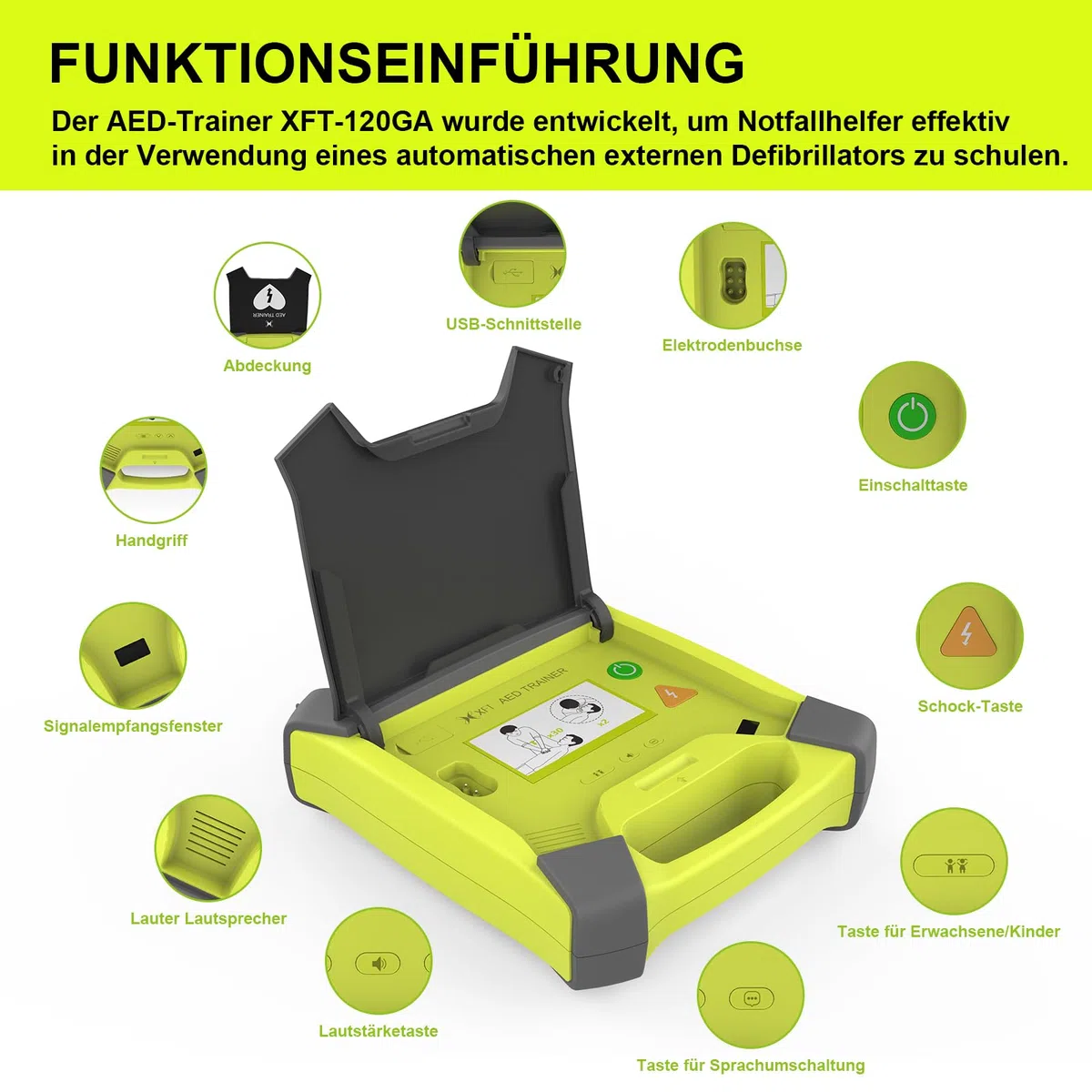 AED-Trainer XFT 120GA, Erste Hilfe Teaching Trainingsgerät, 8 Verschiedene Szenarien, Deutsch, Französisch, Spanisch und Italienisch Sprachansagen mit Fernbedienung