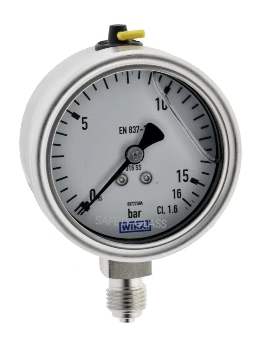 Wika Glycerinmanometer senkrecht Ø 63mm, Anzeige 0-10 bar Edelstahl Chemiemanometer