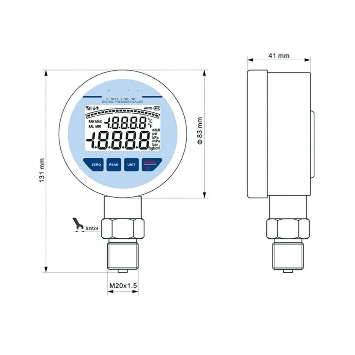 Industrielles Präzisions-Manometer, 80 mm, batteriebetriebene Hintergrundbeleuchtung for Öl, Luft, Wasser, digitales Manometer(-100KPa-600KPa)