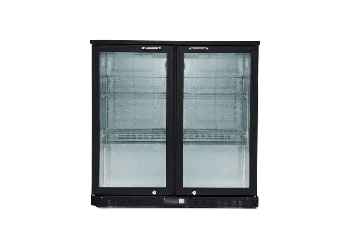 GastroHero Barkühlschrank ECO 230 schwarz 218 Liter Getränkekühlschrank unterbaufähig LED 2 Glastüren Umluftkühlung