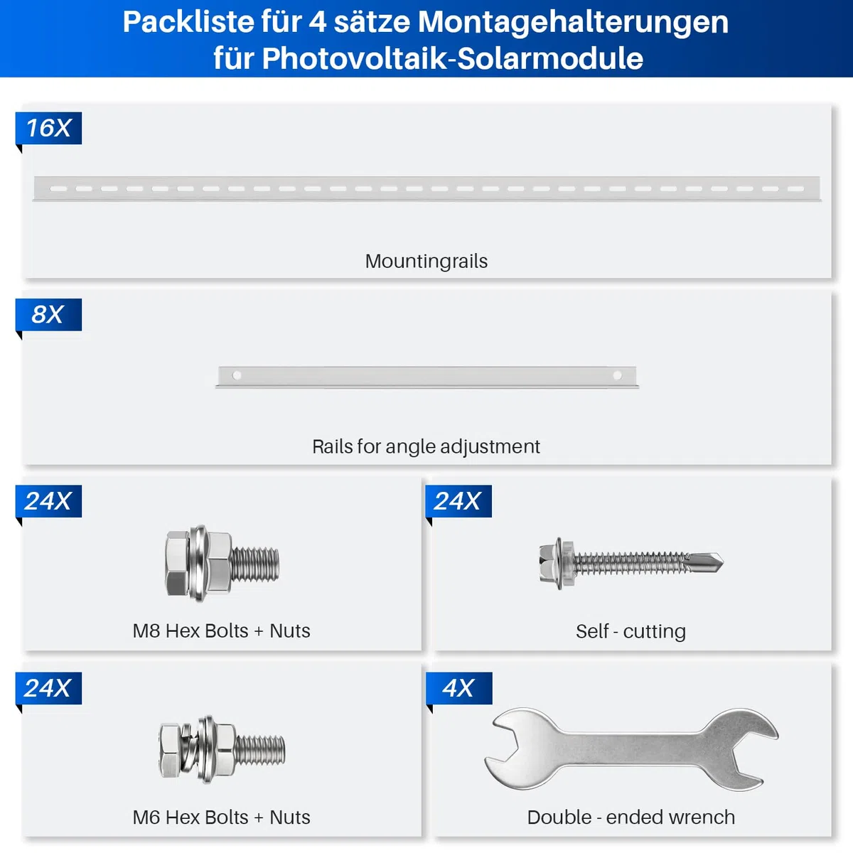 8 Stück Solarpanel Halterung 114cm 45in für 4 100W-600W Solarmodul, 0-90° Verstellbar PV Aufständerung Balkonkraftwerk Halterung Solarpanel Flachdach, inkl. Schrauben & Montage Anleitung