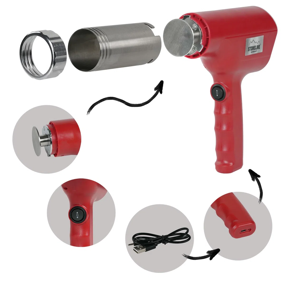 STONELINE Elektrische Nudelmaschine Pasta Maker USB C Aufladbar Akku 3000mAh, 40 W, Kabellose Hand Nudelmaschine mit 8 Aufsätzen für Nudeln Spaghetti Gnocchi Spritzgebäck Churros Presse Edelstahl, Rot