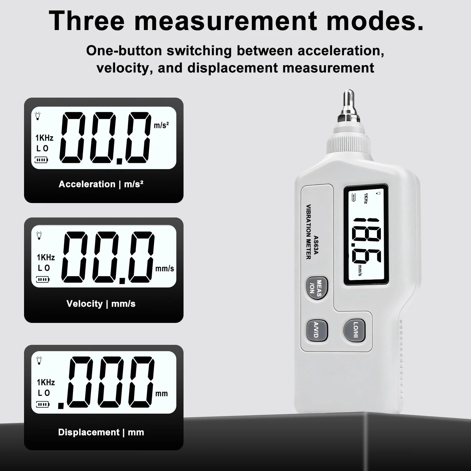 AS63A Digitales Schwingungsmessgerät, Schwingungsanalysator mit LCD-Display Messung von Beschleunigung Geschwindigkeit und Verschiebung Vibrationsmessgerät mit Hochpräzise Sonde