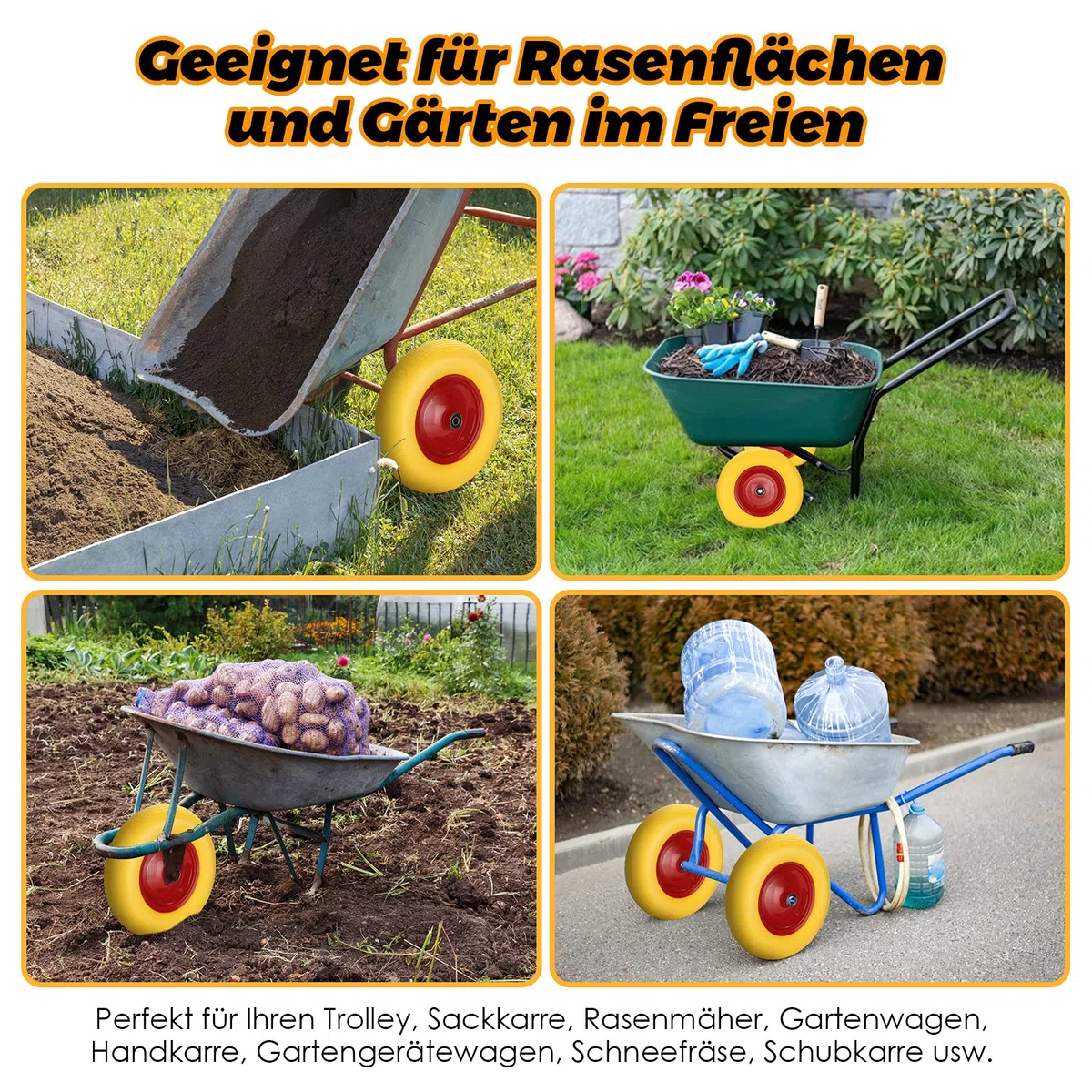 2x Schubkarrenrad 4.80 4.00-8 Vollgummi, Ersatzrad, pannensicher, 200 kg Tragkraft Gummirad mit Achse 95mm Breite, Stahlfelge Reifen gelb-rot, für Gartenkarren