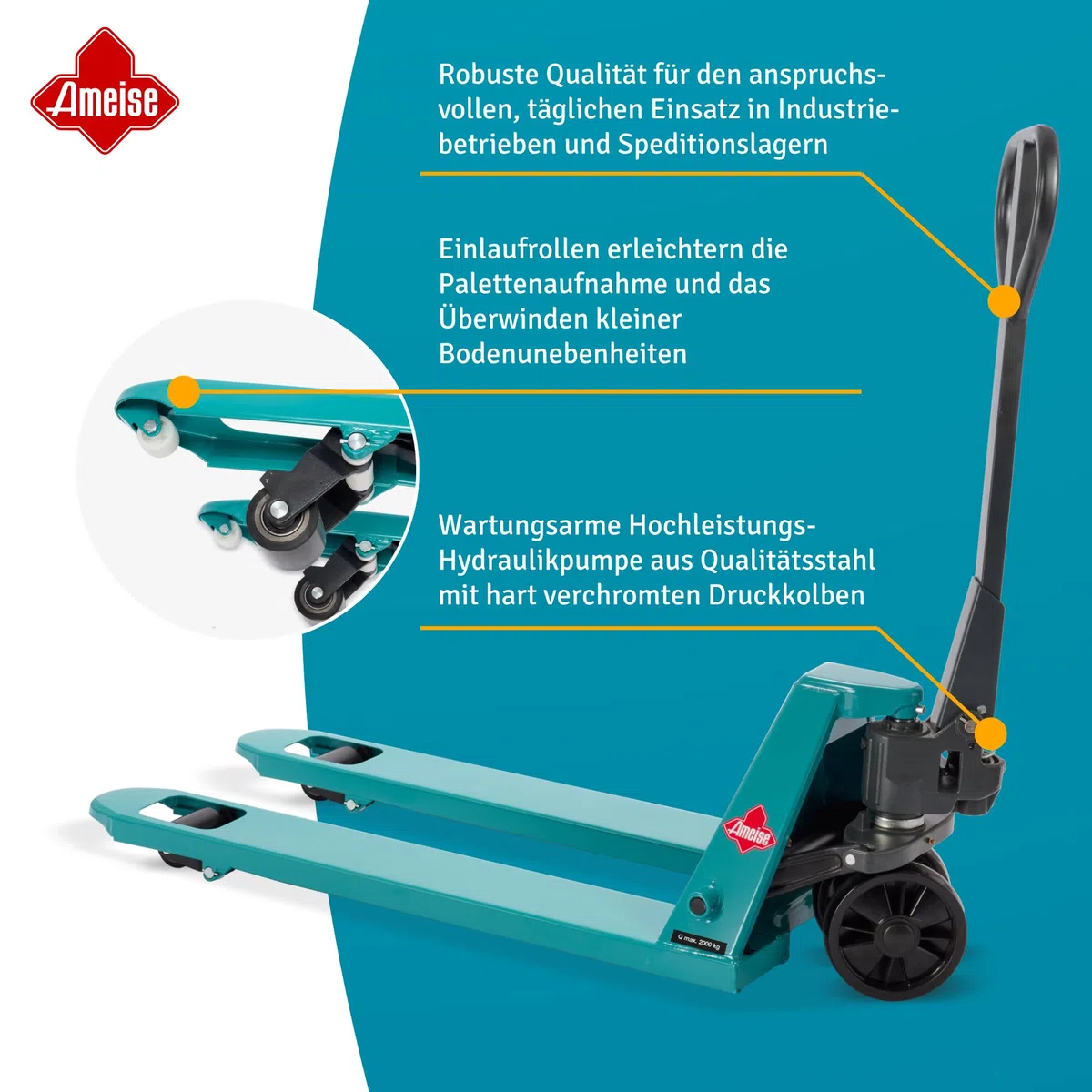 Ameise Hubwagen PTM | 2.000 kg Tragkraft | 1.150 mm Gabellänge | Lenkrad/Gabelrolle aus robustem Polyurethan | Einfach-Gabelrollen | Palettenhubwagen