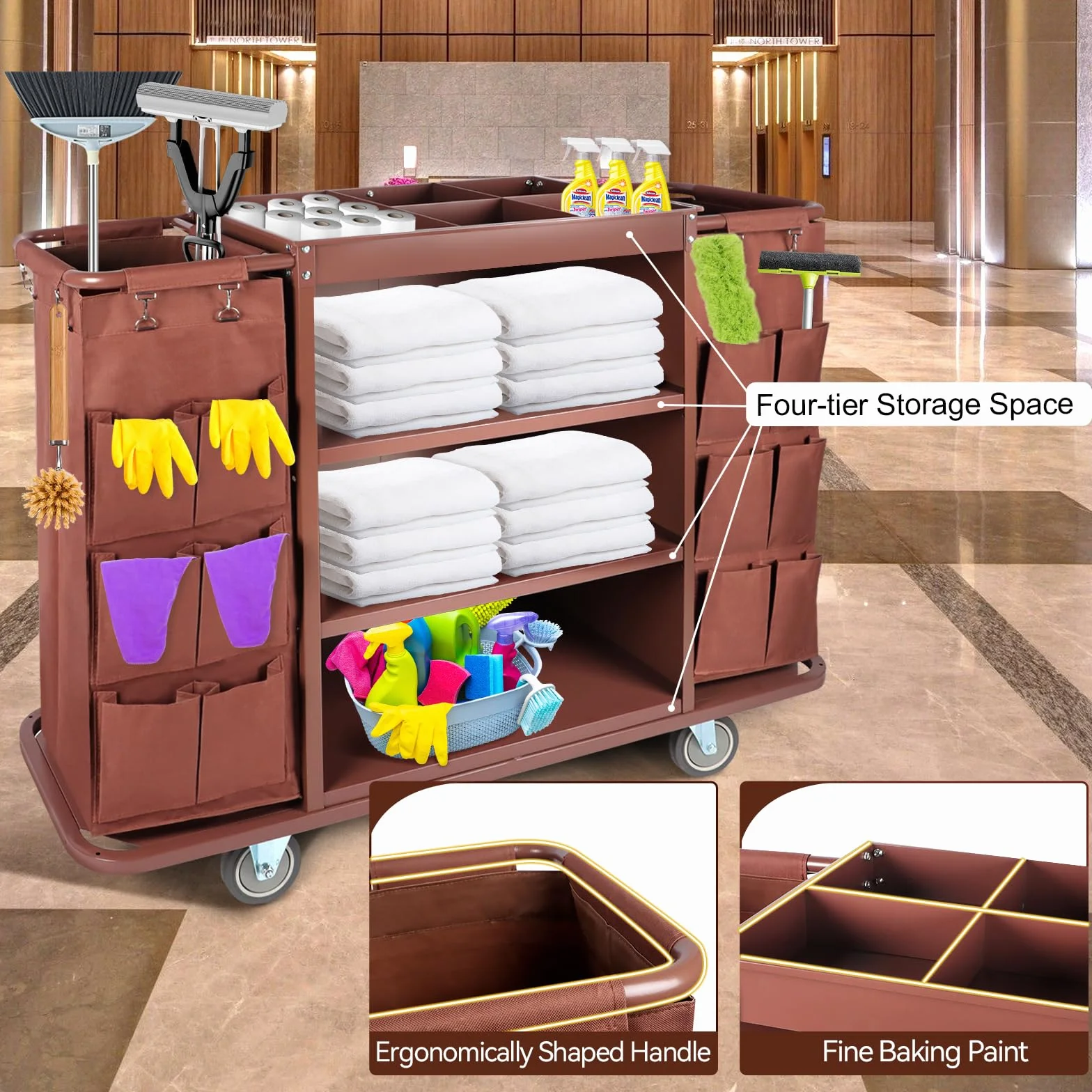 EBANKU Multifunktionaler Hotelwagen, Gewerblicher Reinigungswagen & Housekeeping-Trolley mit Großraumtasche und Rädern