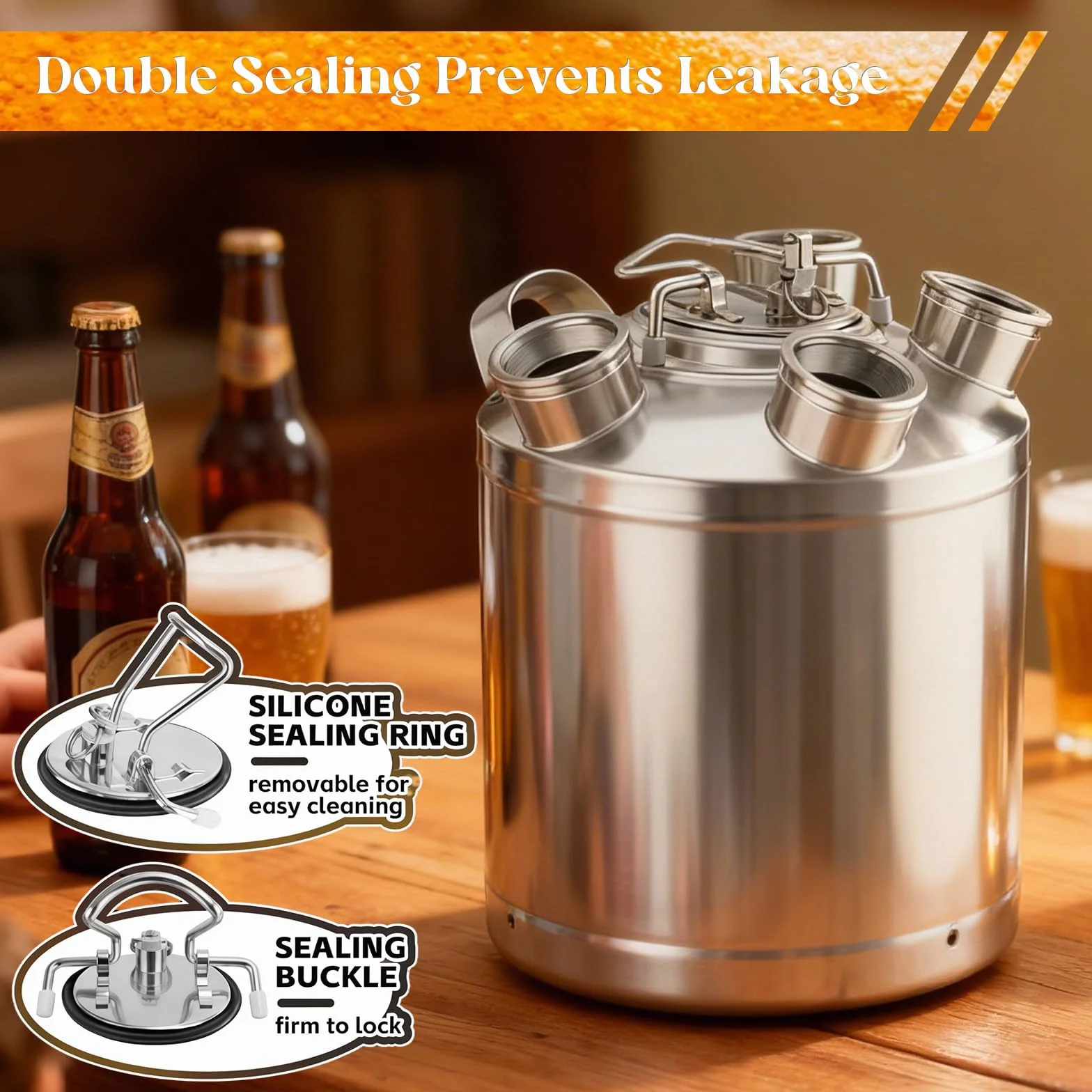 Bierreinigungsfass 10L, Edelstahl Reinigungsfass, 4-Kopf Reinigungsbehälter Inklusive Keg-Spießen A, S, G, D mit Verschlusskappe für Bierzapfanlagen Milchteemaschinen und Saftmaschinen