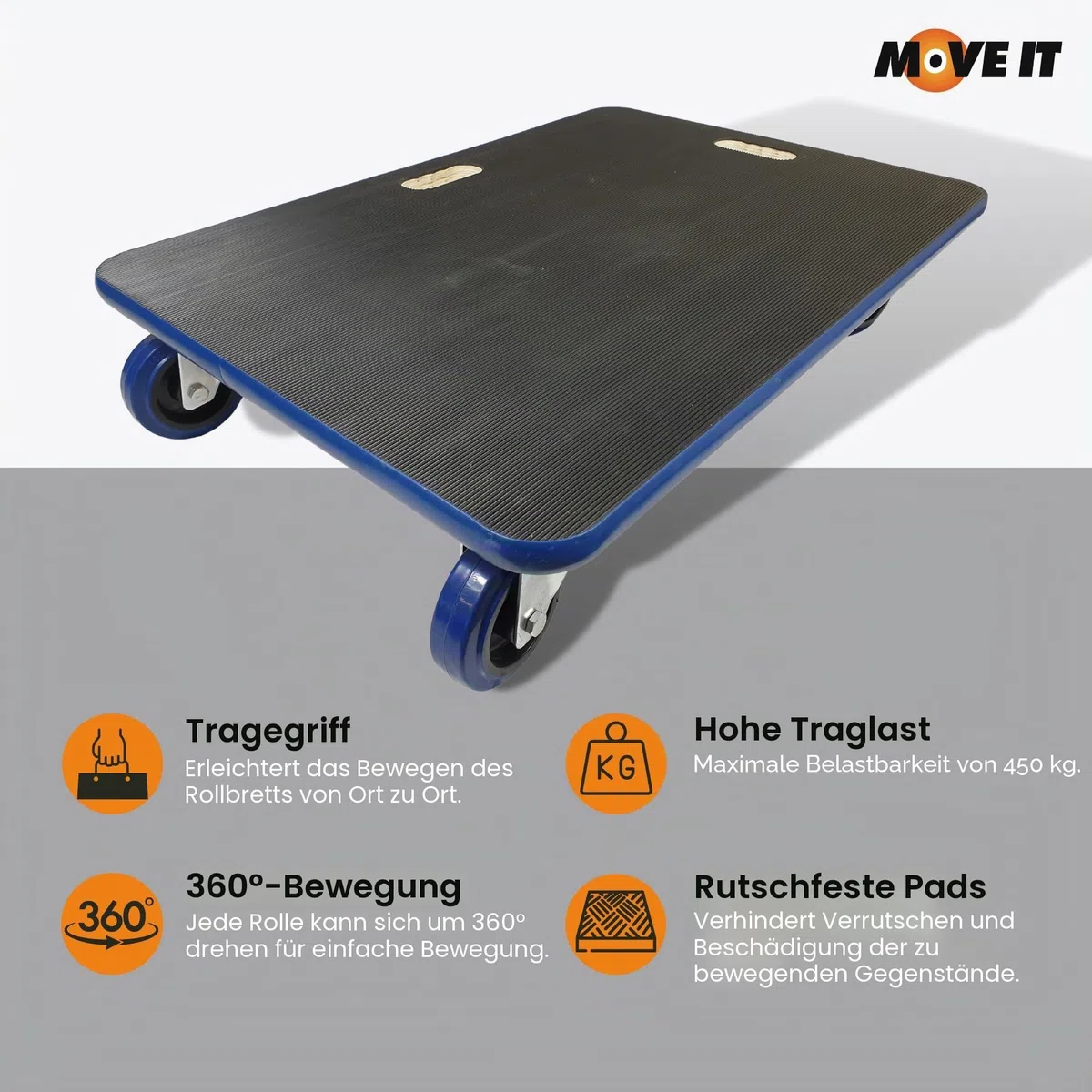 Move-It Transportroller, 450 kg Tragkraft, robuster Wagen zum Bewegen von Möbelgeräten, rutschfeste Unterseite, industrielle gewerbliche Nutzung, schwarz (70 x 50 cm)