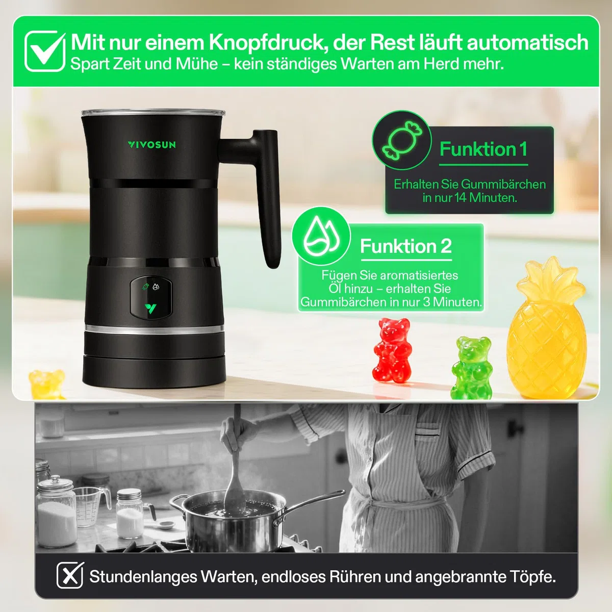 VIVOSUN Gummibärchen Maschine, Automatischer Candy Maker | Öl-infundierbarer Esswaren-Mixer mit Doppelrührwerk, Edelstahlbehälter & Silikonformen, für DIY Gummibärchen & Süßigkeiten