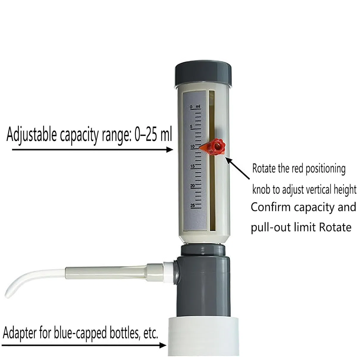 Flaschendeckelspender für 0–25 ml, Hülsentyp mit 2000 ml Glasflasche, verstellbare Kapazitätsskala für effizientes und sicheres Pipettieren von Säuren und Reagenzien