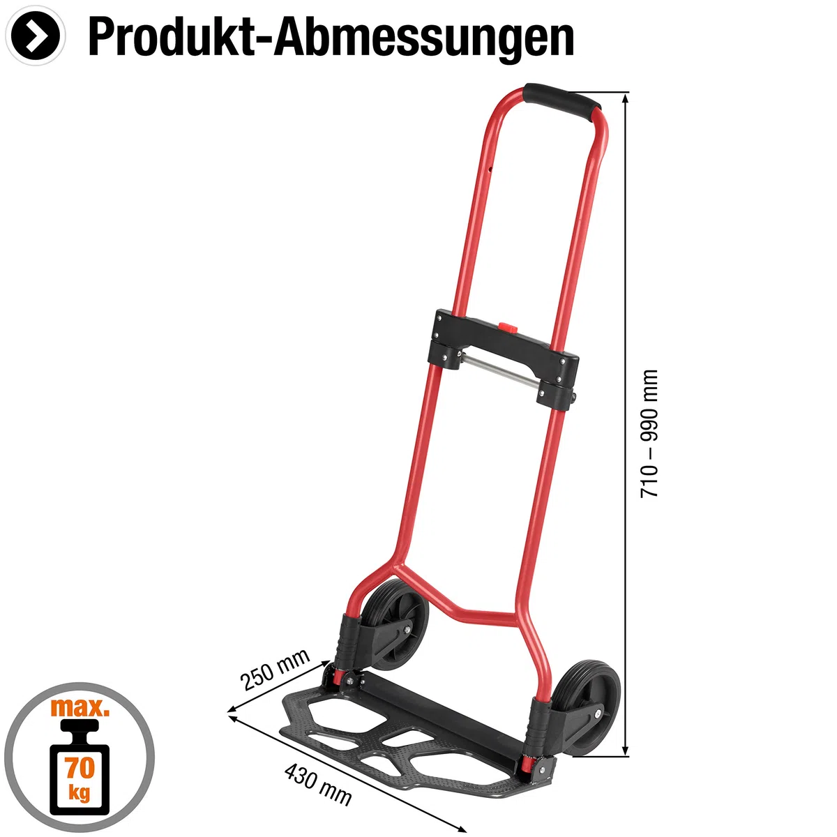 Meister Sackkarre - 70 kg Tragkraft - Klappbar inkl. Rädern - Stufenlos höhenverstellbarer Griff mit Soft-Überzug - Mit Vollgummi-Laufflächen - Aus Stahl / Handkarre / Transportkarre / 8985760 | Klappbar inkl. Rädern – Stufenlos höhenverstellbarer Griff m