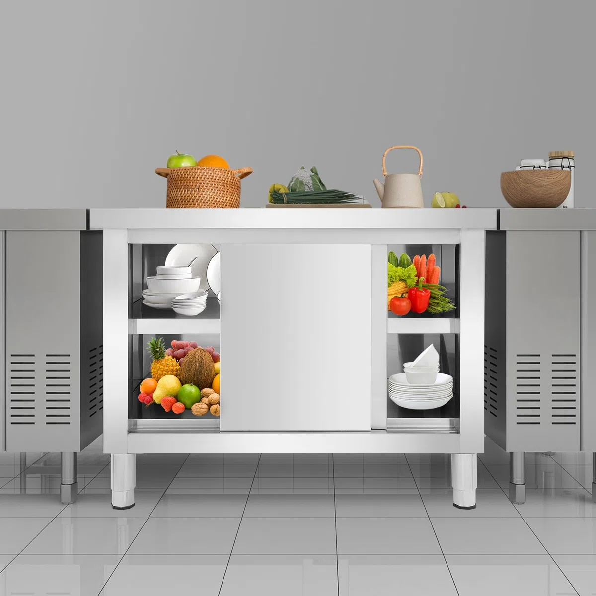Edelstahl Schrank mit Schiebetüren, Outdoor Küche Edelstahl Tisch Gastro, Freistehender Arbeitsschrank Küchenarbeitstisch für Restaurant, Garage und Küche (100 * 60 * 80cm)