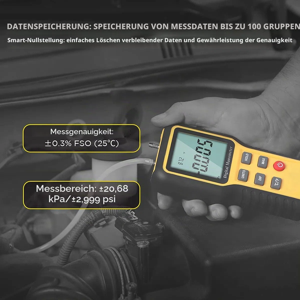 Differenzdruckmessgerät Kethvoz Gasdruckmessgerät HVAC Gas Manometer mit Zwei Anschlüsse zur Messung des Luftstrom-Gasdifferenzdrucks ±2,999 psi /±20,68 kPa, 12 wählbare Einheiten & Datenspeicher