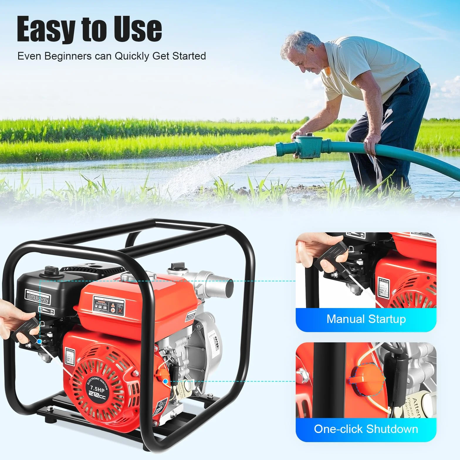 7.5HP Benzin Wasserpumpe, 2 Zoll Tragbare Wasserpumpe, 4-Takt Schmutzwasserpumpen mit 7.5m Wasserschlauch, 212CC Selbstansaugend Gartenpumpe für Bewässerung, Landschaftsbau