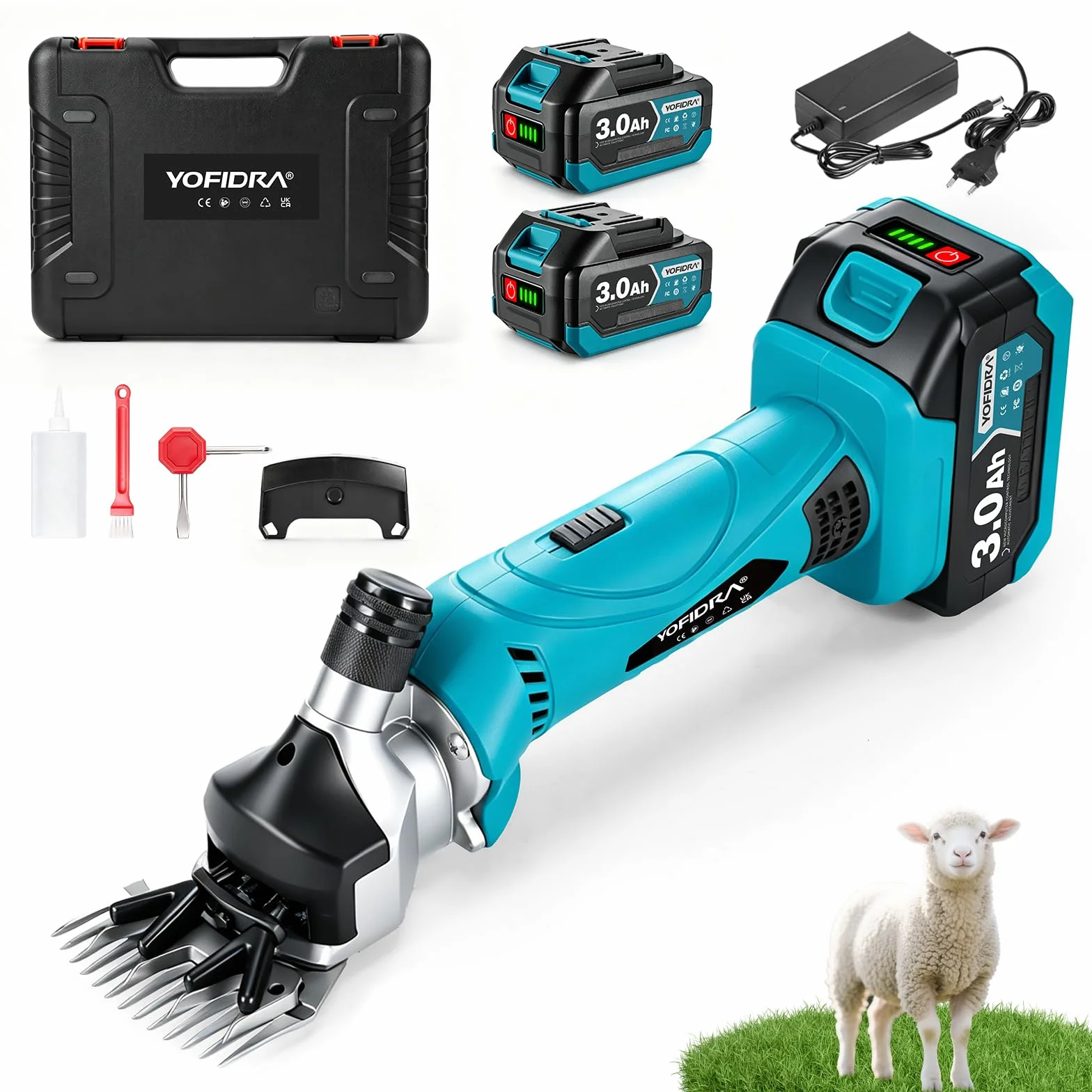 Yofidra Elektrische Schafschere 550W, Kabellose Schafschermaschine Akku 6 Geschwindigkeiten 13-Zahn Klinge, 2x3000mAh Akkus, Professionelle Wollschere Sheep Shears für Schaf Ziegen Alpakas