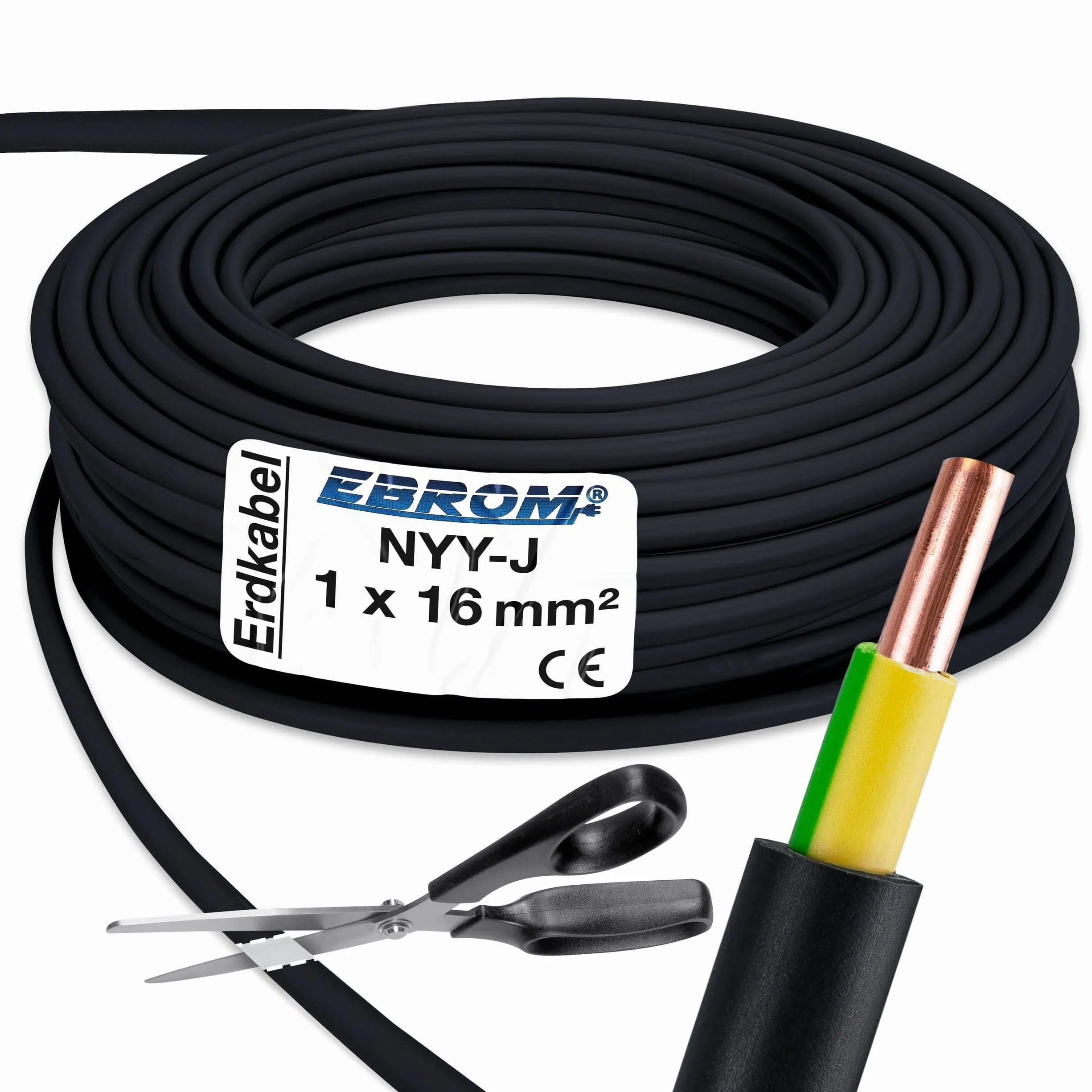 EBROM Erdkabel Blitzschutz NYY-J 1x16 mm² Erdungskabel, schwarz, 25 Meter | 5 m bis 100 m - 1x16 mm2 - Außenmantel: schwarz - Innenummantelung: grün / gelb - Starkstromkabel - PVC Erdleitung