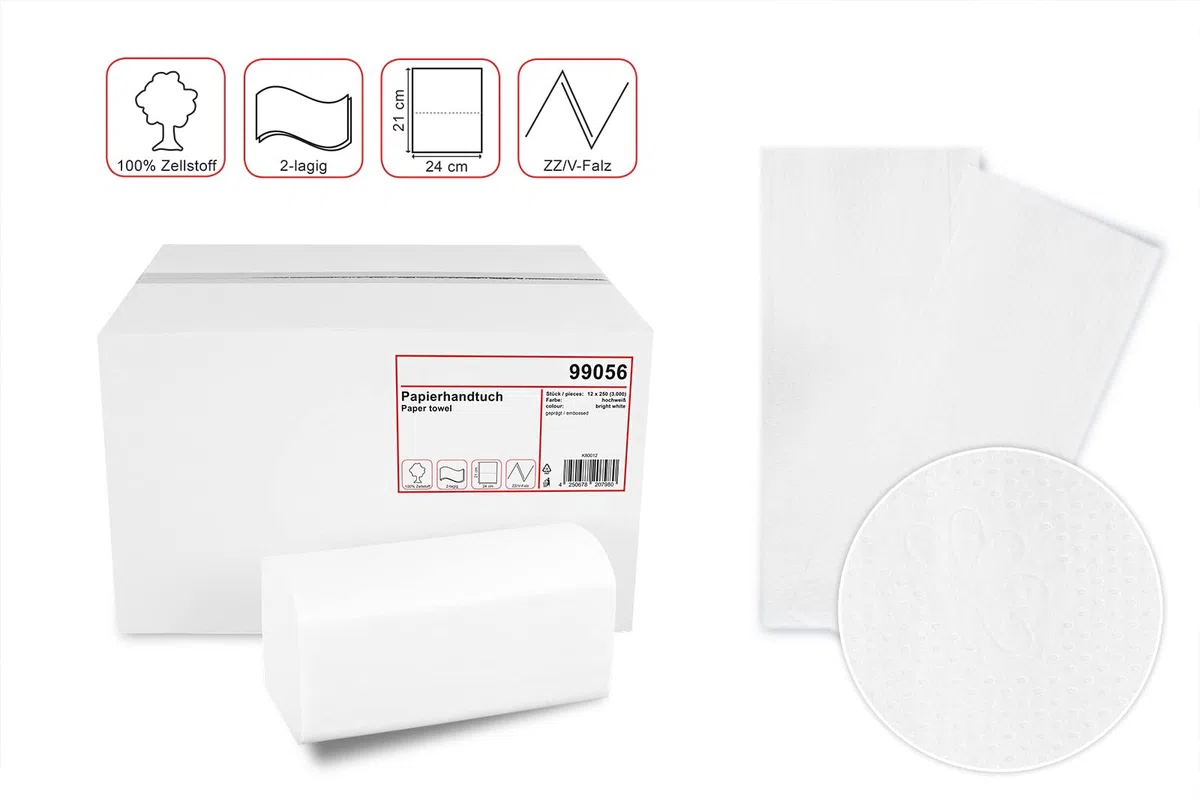 Hypafol Papierhandtücher für Spender | Zellstoff hochweiß, 2-lagig, 25 x 23 cm | 9.000 Blatt verpackt in 36 x 250 Blatt | praktischer V-Falz für Handtuchspender in Toiletten, Büros, Praxen und Studios