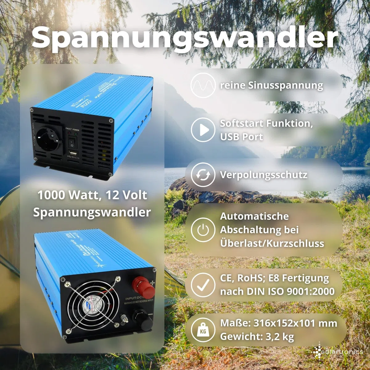 SOLARTRONICS Komplettset 2x120 Watt Solarmodul 1070x580x35, TS 1000W Spannungswandler + 20A Laderegler + Solarkabel + Solarstecker Photovoltaikanlagen Wohnmobil Inselanlage