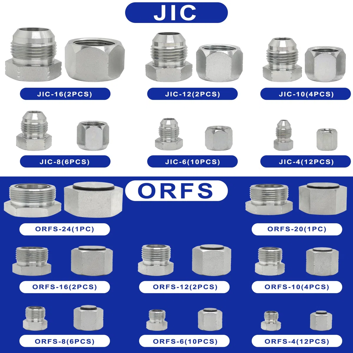 JIC und ORFS Master Industrie-Hydraulikkappe und Stopfen, Schlauch- und Rohrverschraubungs-Set, Kappe und Stecker, Präzisionsgewinde in ORFS-Größen 4, 6, 8, 10, 12, 16, 20, 24 und 37 °